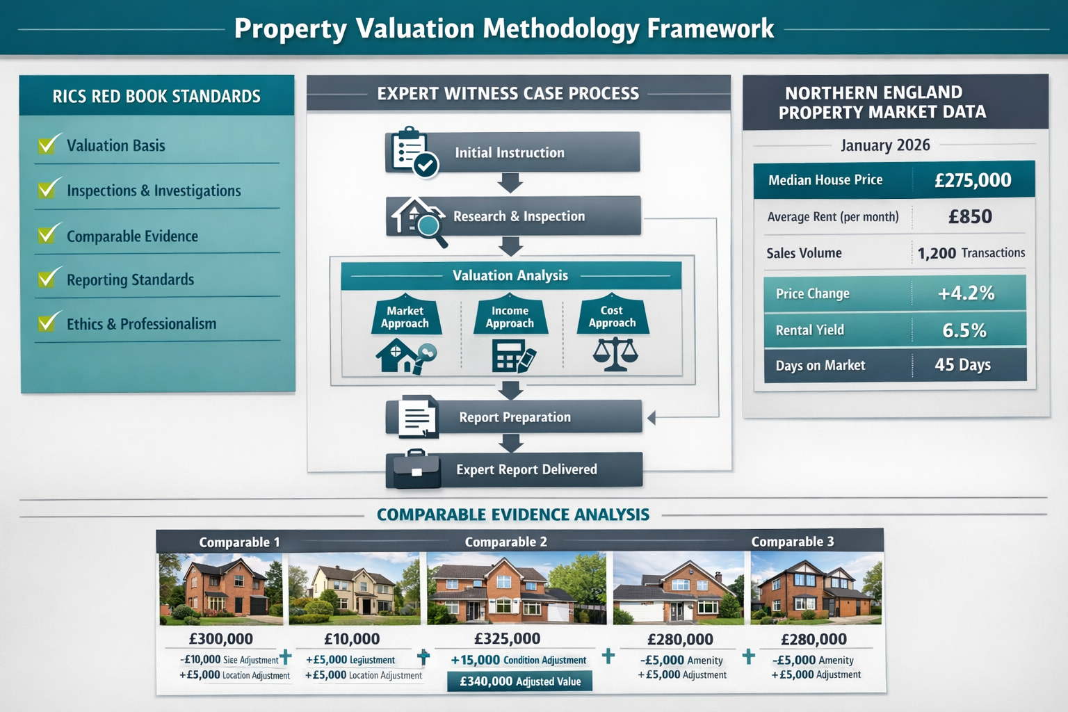 Comprehensive () infographic displaying detailed property valuation methodology framework, central flowchart showing expert