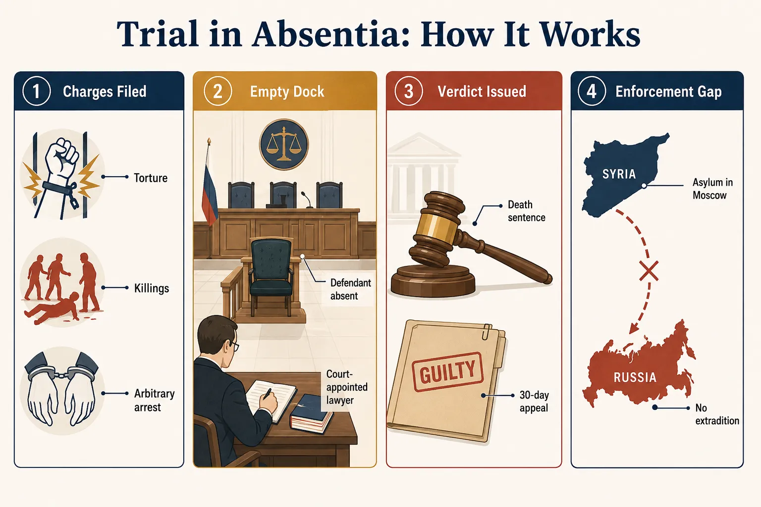 What does death in absentia mean, and what crimes is Assad convicted of?