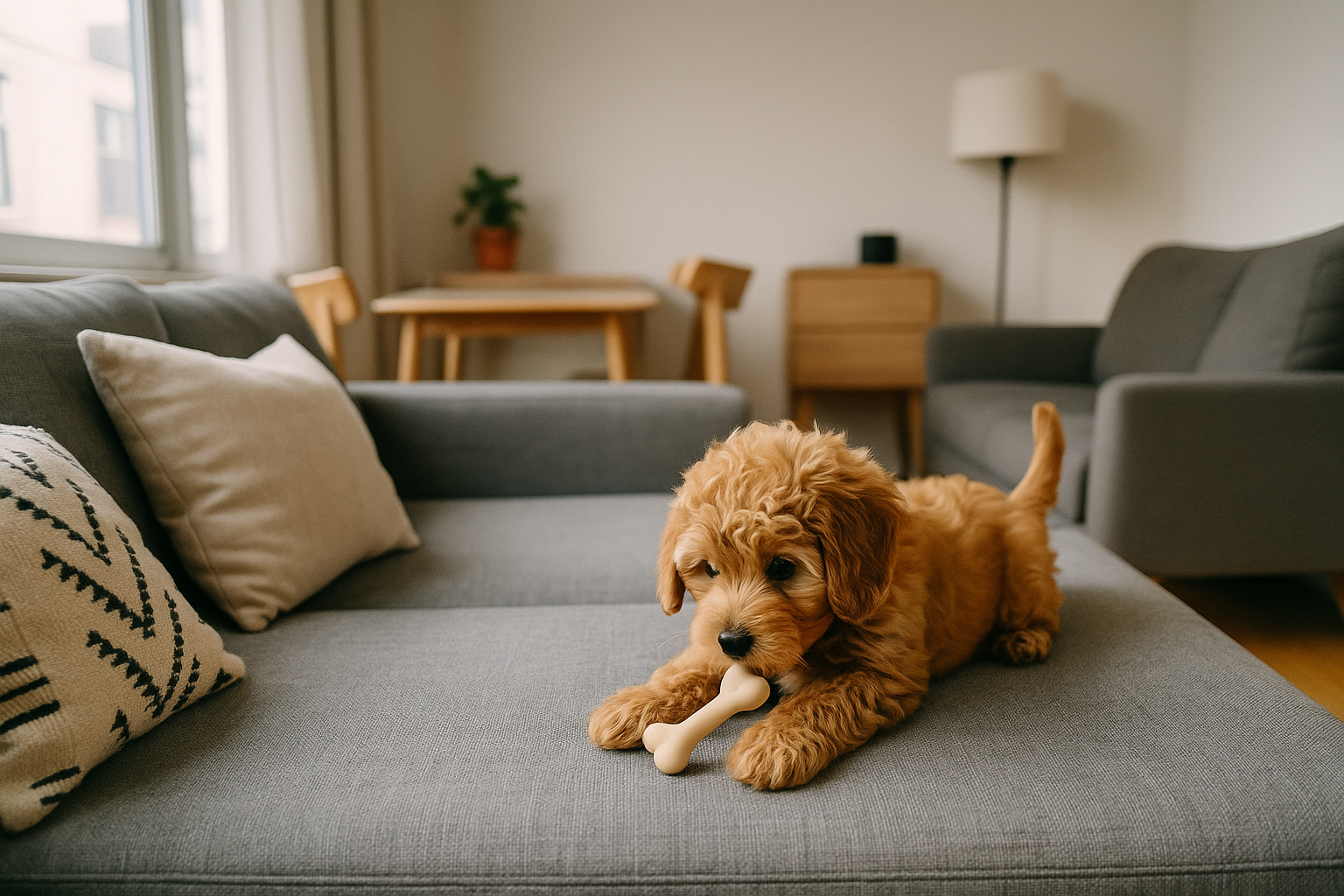 Editorial landscape photograph (1536x1024) depicting toy sized doodle puppy in cozy apartment setting on modern gray sofa with throw pillows