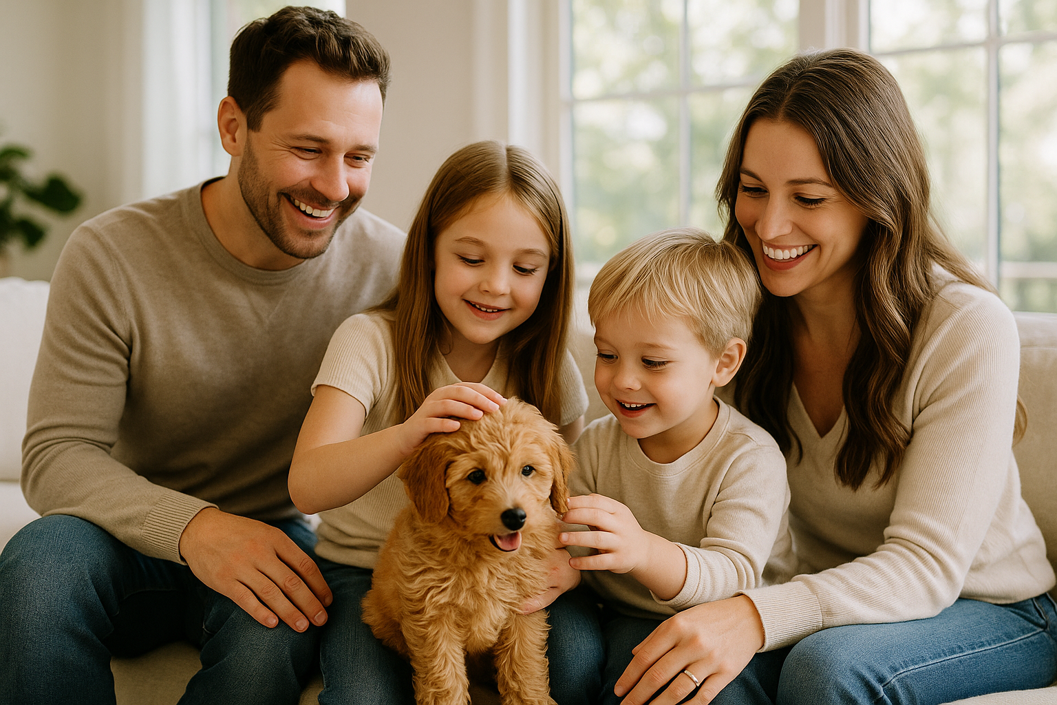 Professional landscape photograph (1536x1024) of happy family in modern home with toy sized doodle puppy, showing bonding moment with small 