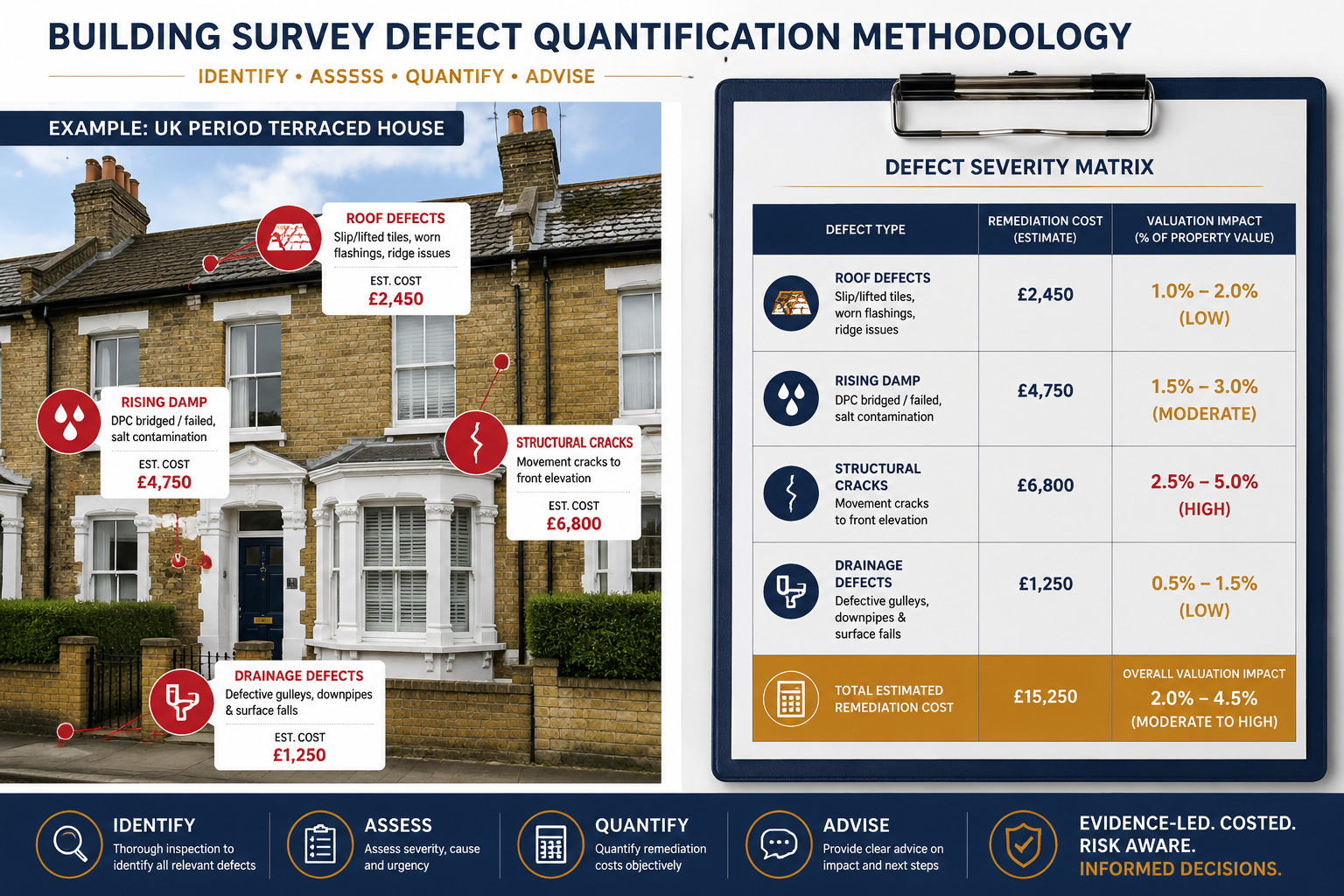 Detailed () showing a split-composition infographic: left side features a UK period terraced house with annotated defect