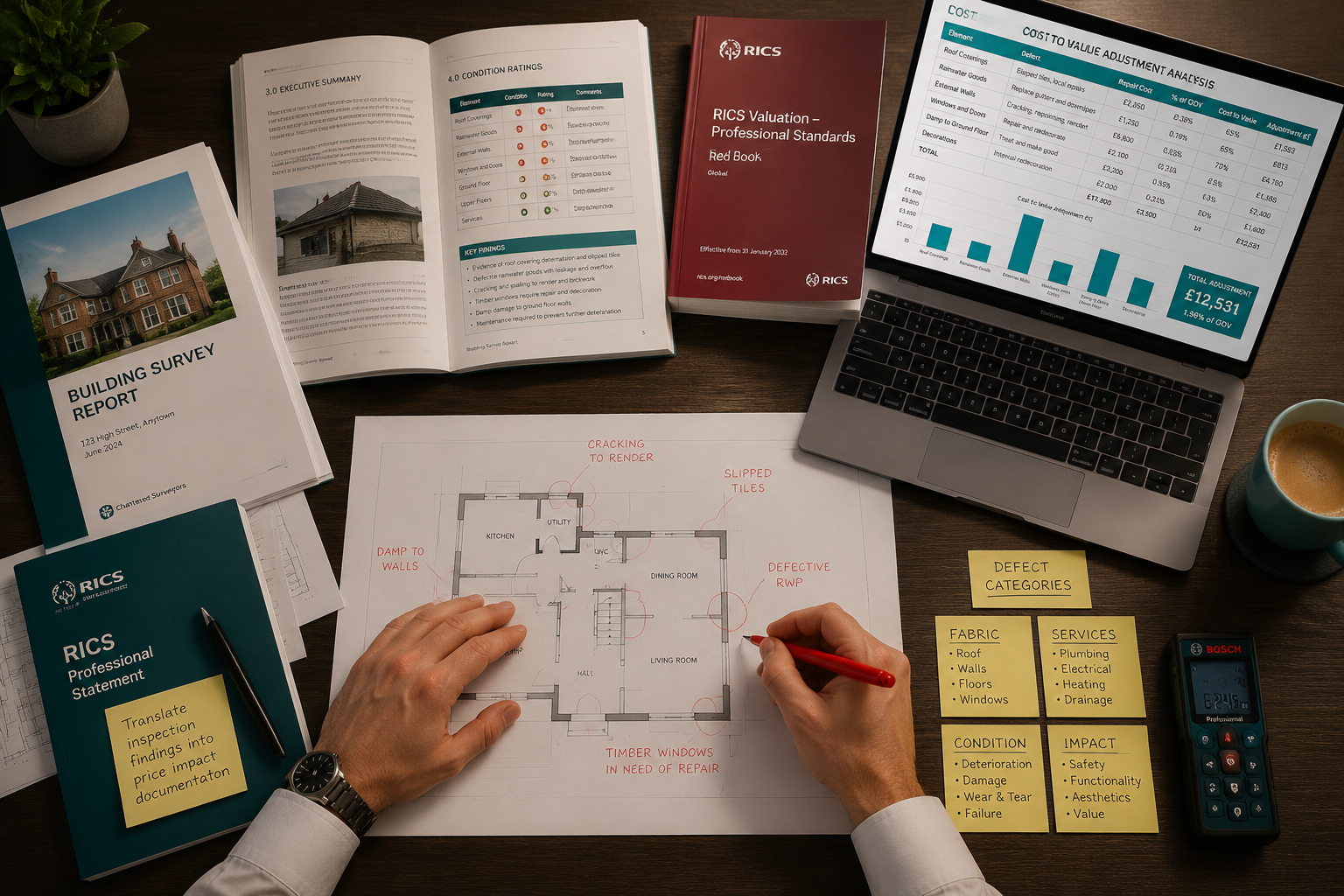 () showing an overhead bird's-eye view of a professional surveyor's desk with spread-out building survey reports, RICS Red