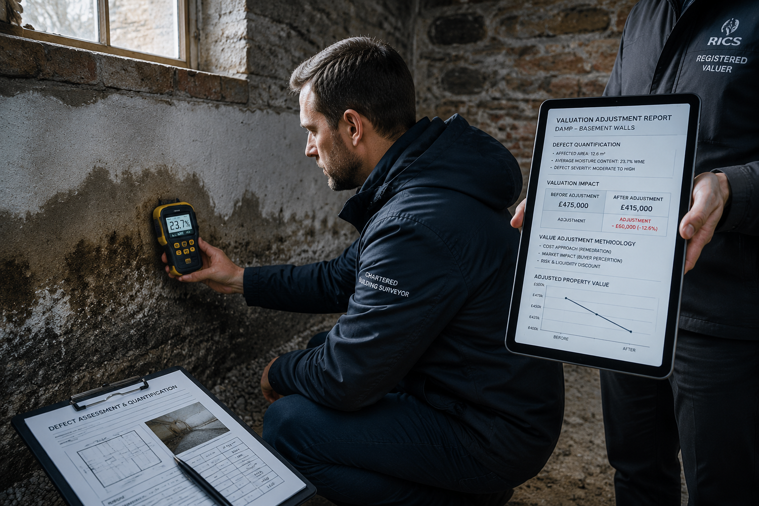 () depicting a close-up perspective of a building surveyor kneeling beside a damp-stained basement wall, using a moisture