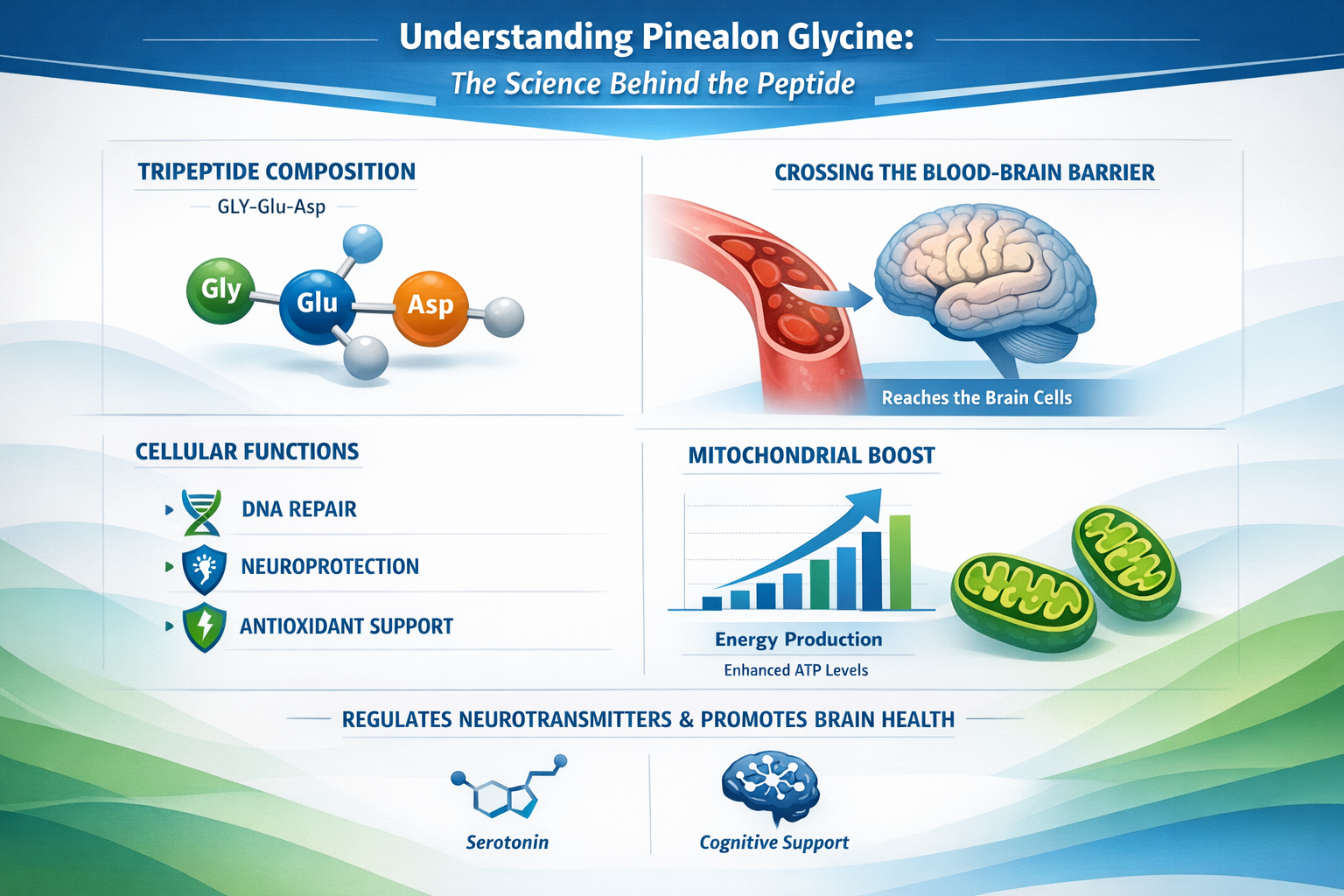 Professional landscape infographic (1536x1024) for article "Pinealon Glycine: The Complete Guide to This Advanced Neuropeptide for Performan
