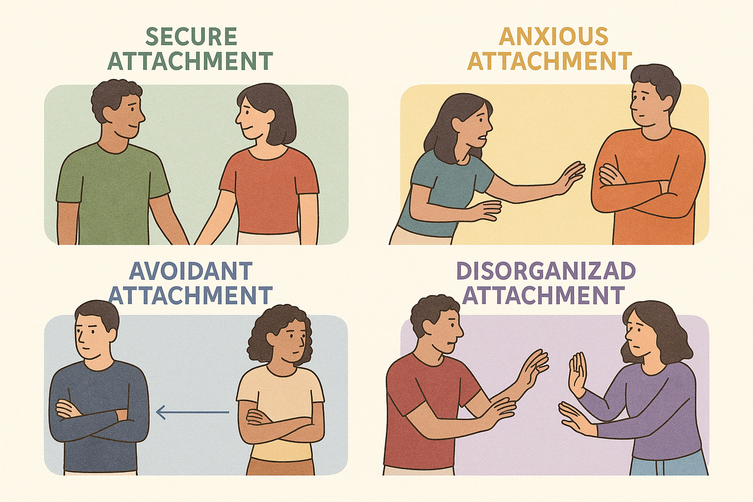 Detailed editorial illustration (1536x1024) showing four distinct visual metaphors representing attachment styles: secure attachment as two 