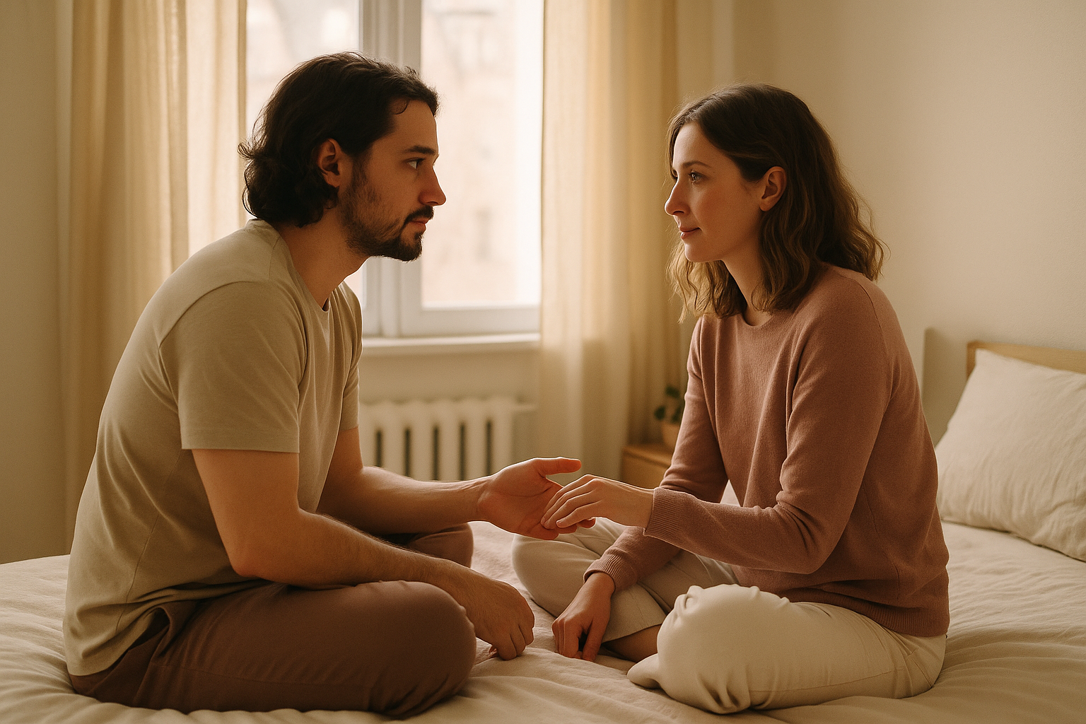 Landscape photograph (1536x1024) depicting real-life couple scenario showing emotional connection and vulnerability: partners sitting face-t