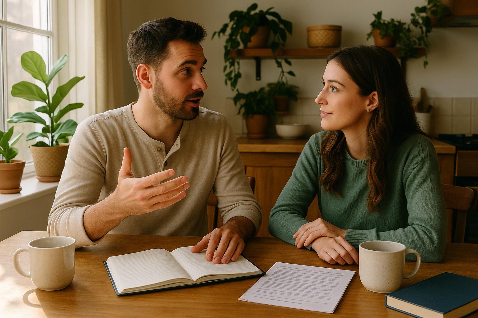 Editorial lifestyle photograph (1536x1024) showing couple actively working on relationship together: sitting at kitchen table with journal o