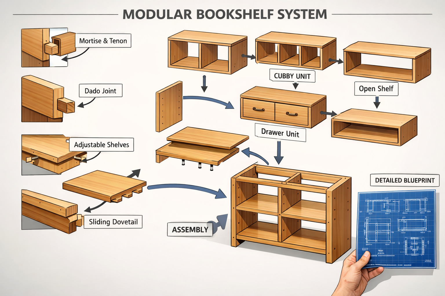 Landscape format (1536x1024) image showcasing a schematic diagram or exploded view of a modular wooden bookshelf system, highlighting variou