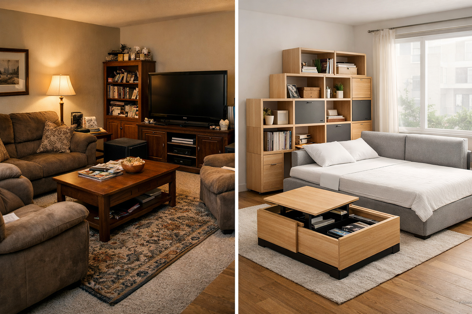 Landscape format (1536x1024) image depicting a split-screen or side-by-side comparison. On one side, a small, cluttered apartment living roo