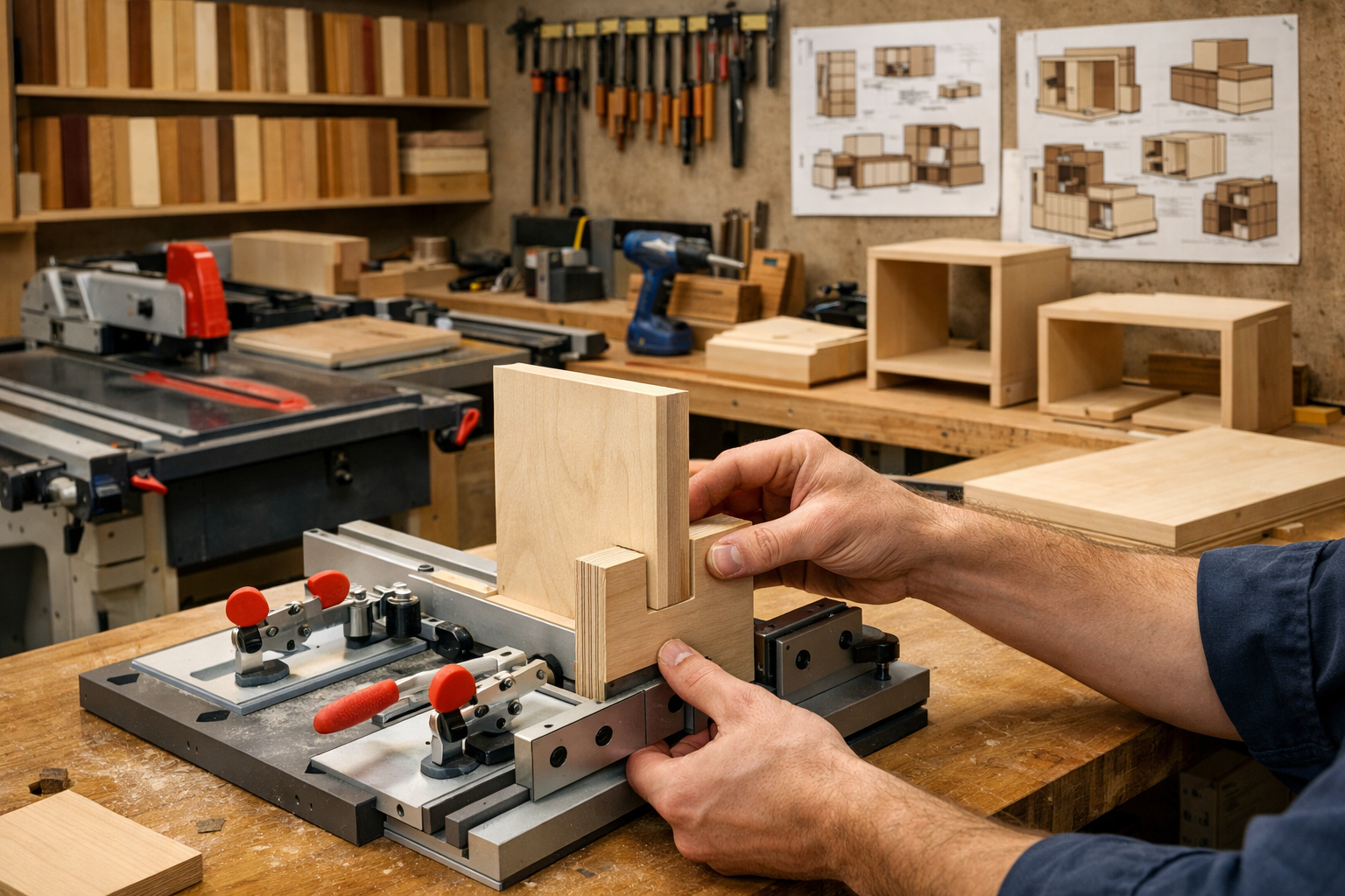 Landscape format (1536x1024) image featuring a meticulously organized woodworking workshop with a variety of specialized tools (table saw, r