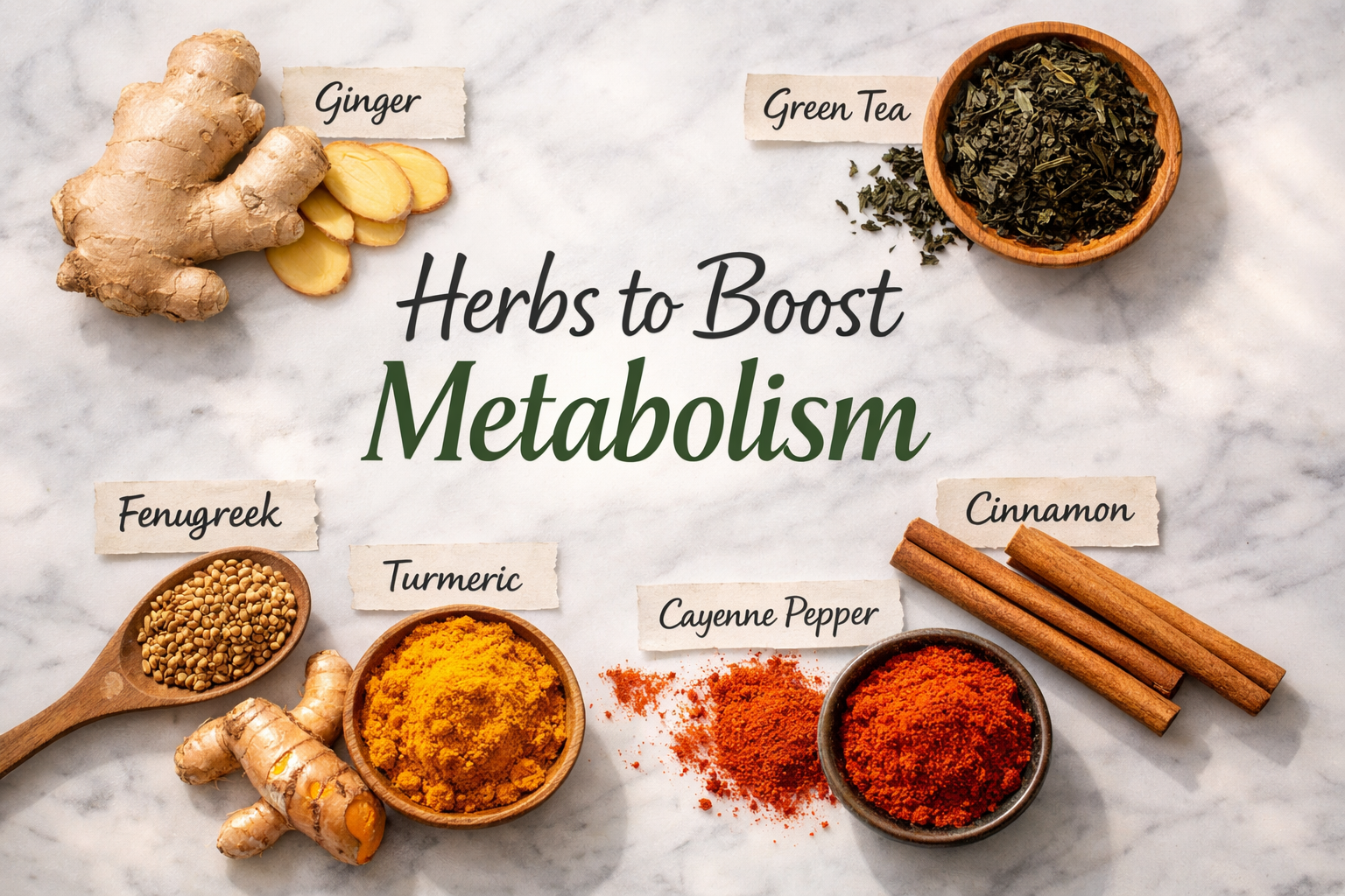 Professional hero image: flat-lay of metabolism-boosting herbs including ginger root, green tea leaves, turmeric, cinnamon