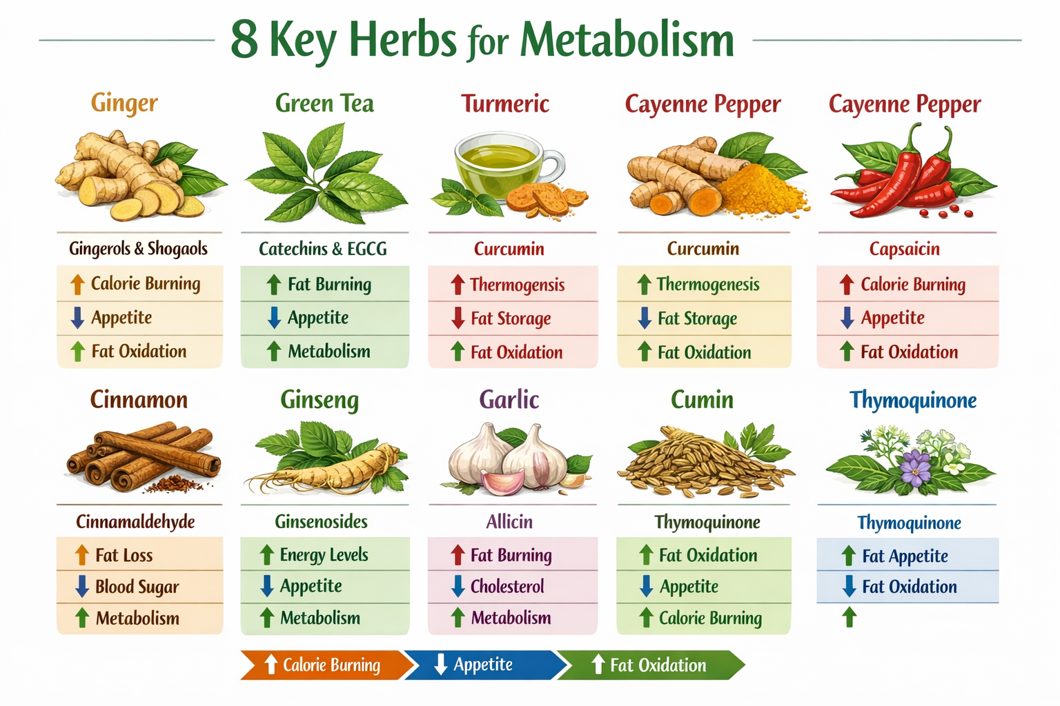 8 key herbs with illustrated botanical drawings, their active compounds (e.g., gingerols, catechins, curcumin), and