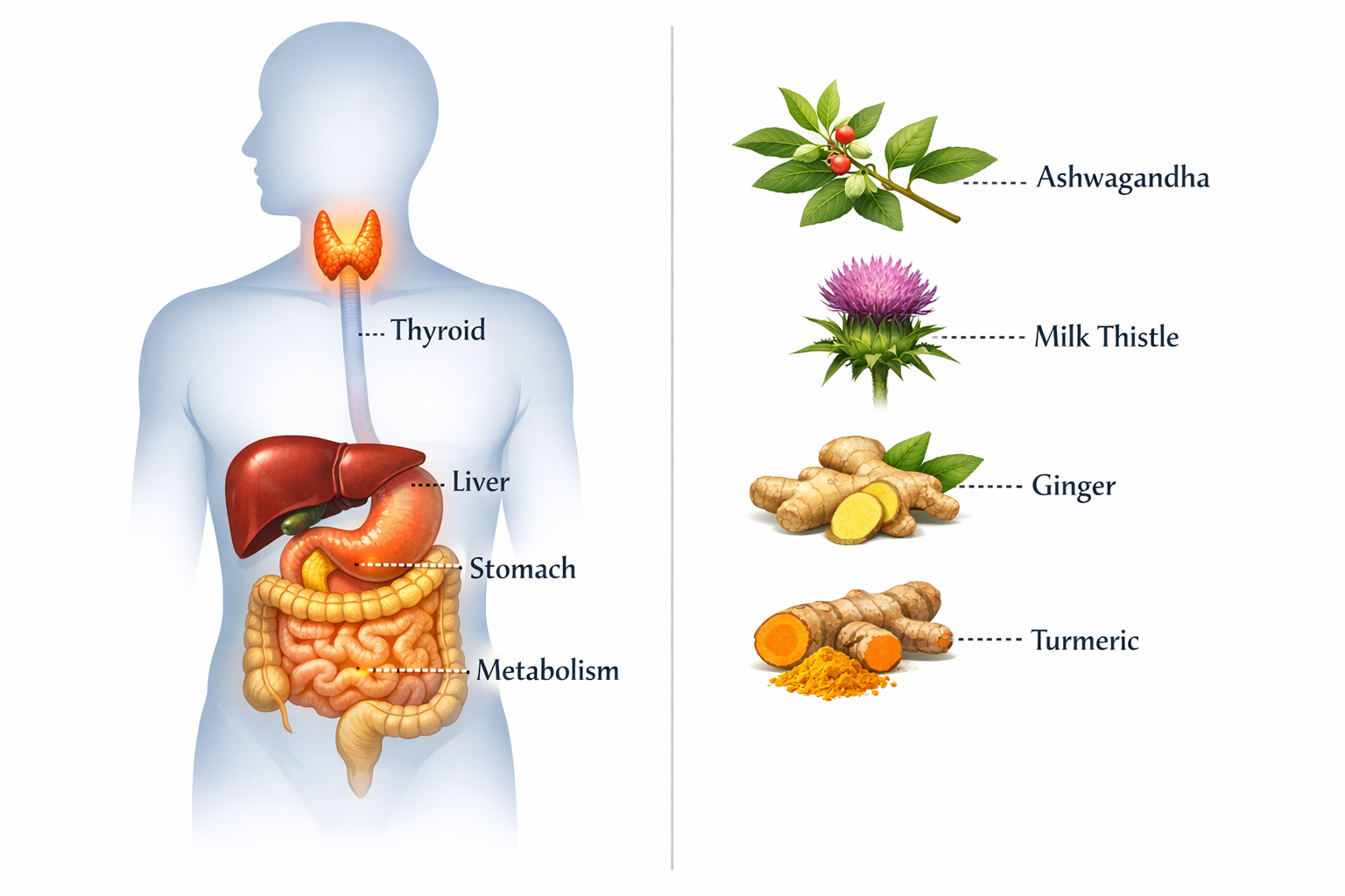 Split comparison visual guide: left side shows a human digestive/metabolic system silhouette with highlighted organs (liver,
