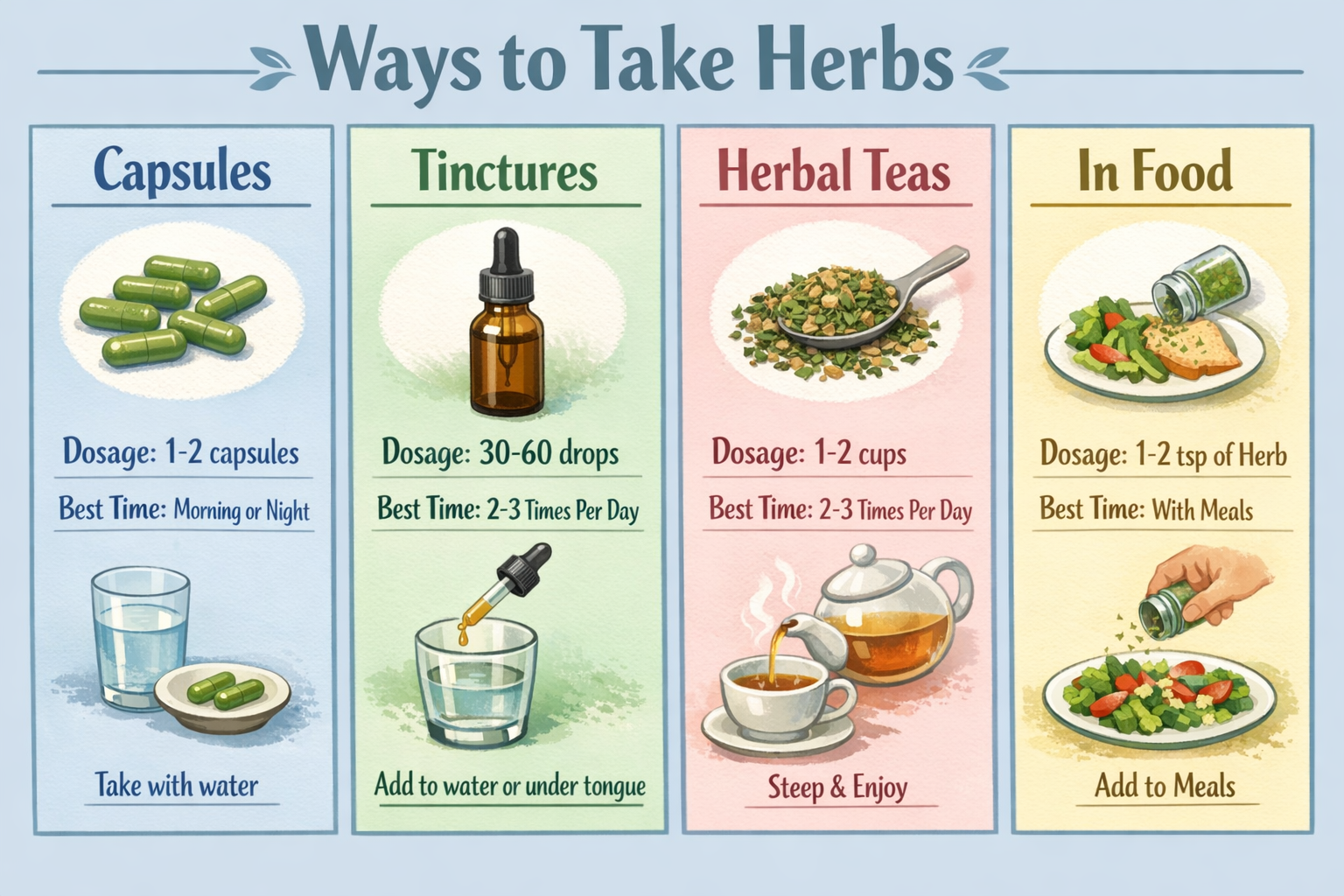 Step-by-step preparation guide infographic showing four herb consumption methods: capsules, tinctures, herbal teas, and food
