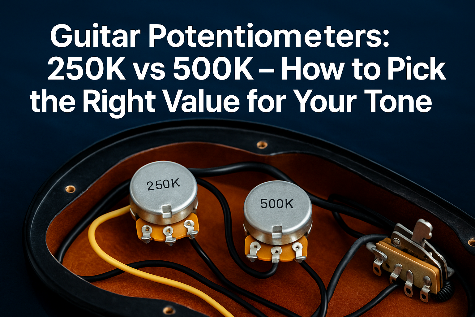 Professional landscape hero image (1536x1024) featuring bold text overlay 'Guitar Potentiometers: 250K vs 500K – How to Pick the Right Value