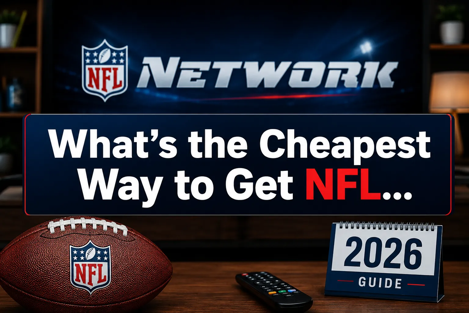 A reading "What's the Cheapest Way to Get NFL…". CRITICAL TYPOGRAPHY RULES: render the text on 1–2 lines, centered, with