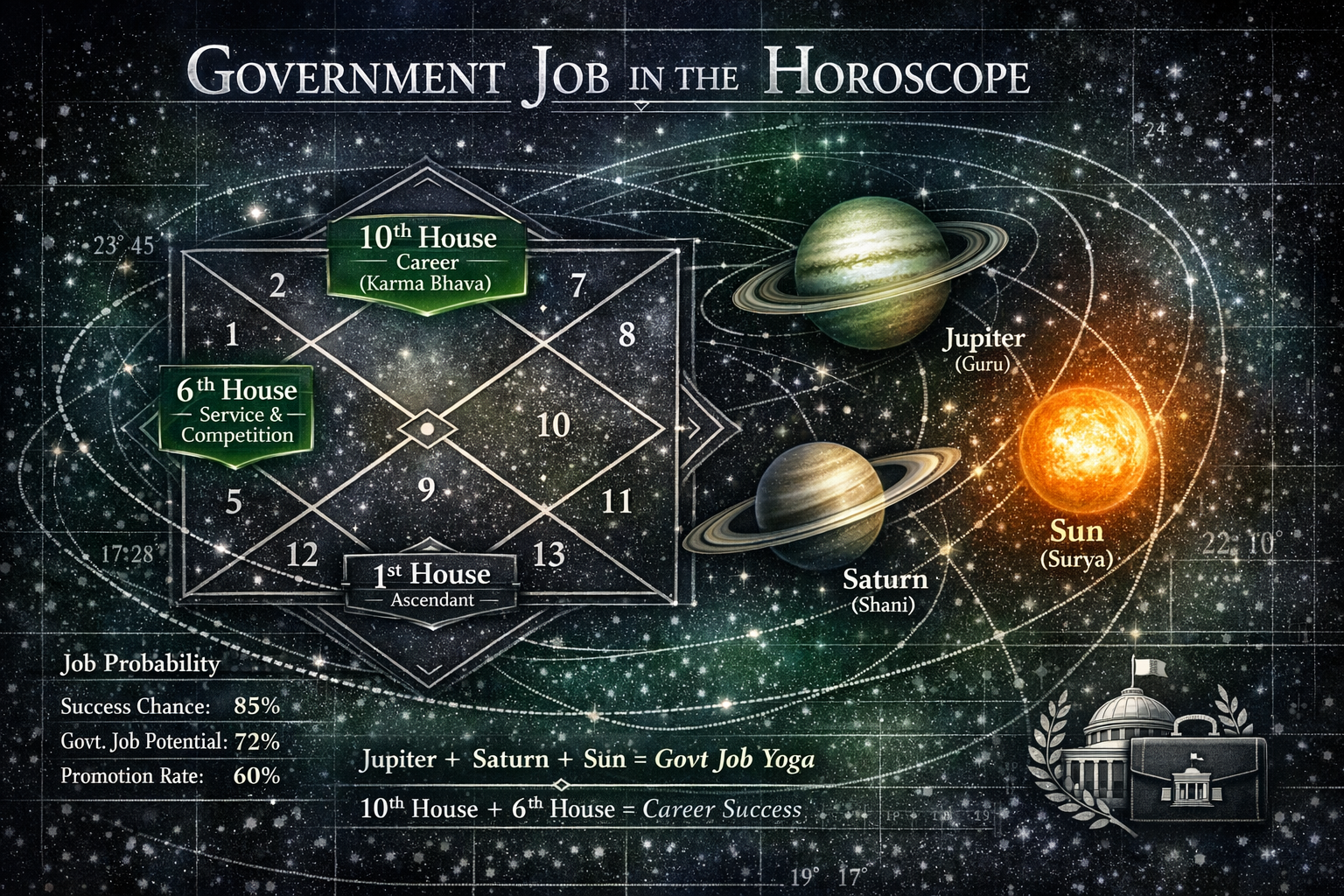 Do not write in Hindi on the images. Must write in English only. Detailed astrological visualization exploring 'कुंडली में सरकारी नौकरी योग'