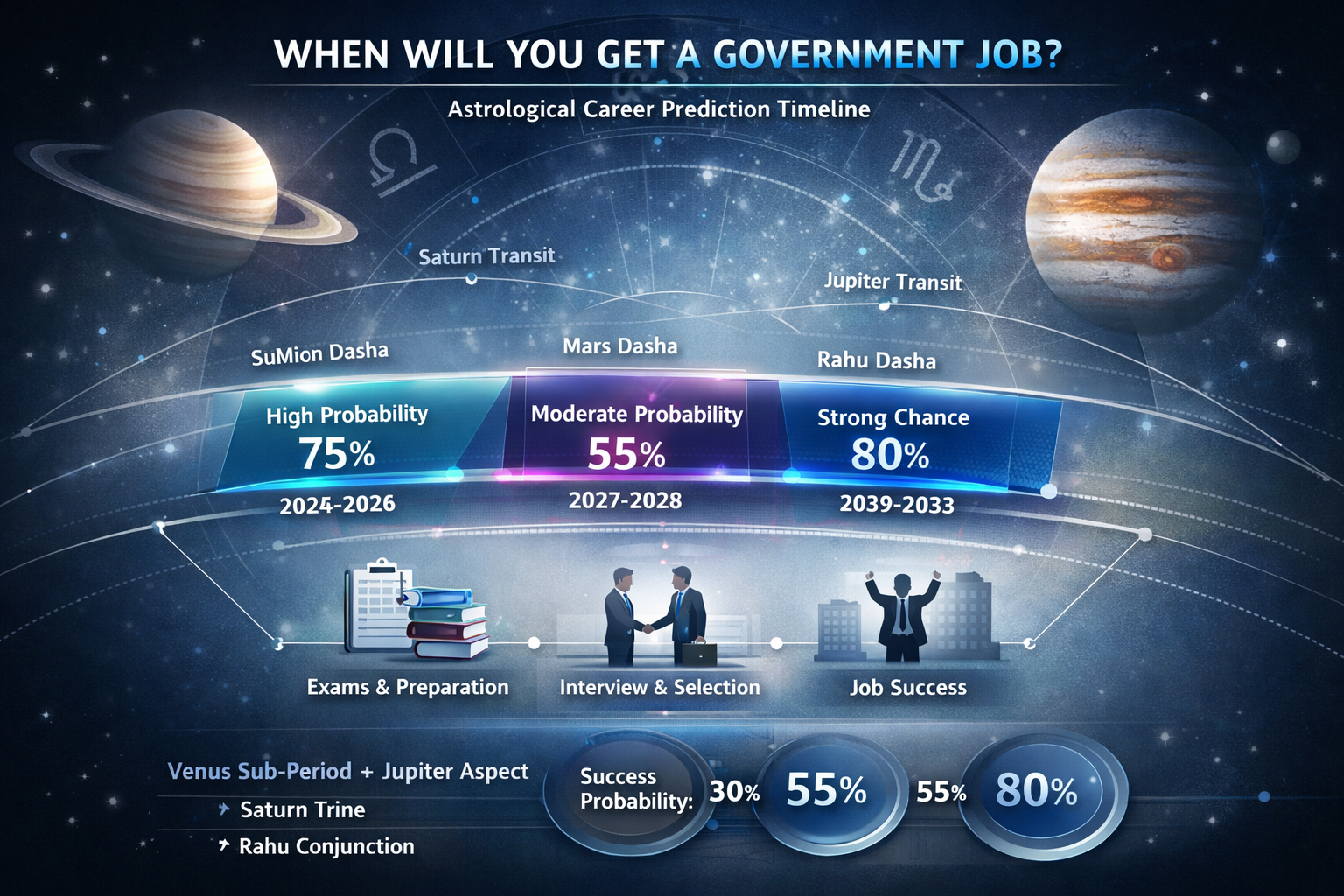 Do not write in Hindi on the images. Must write in English only. Strategic career prediction infographic answering 'सरकारी नौकरी कब मिलेगी?'