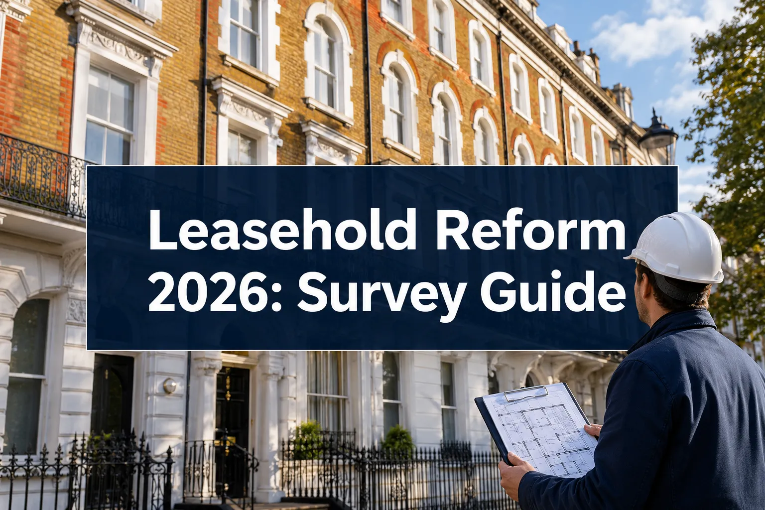 Professional () hero image with (≤42 chars): 'Leasehold Reform 2026: Survey Guide' in crisp white on a deep navy
