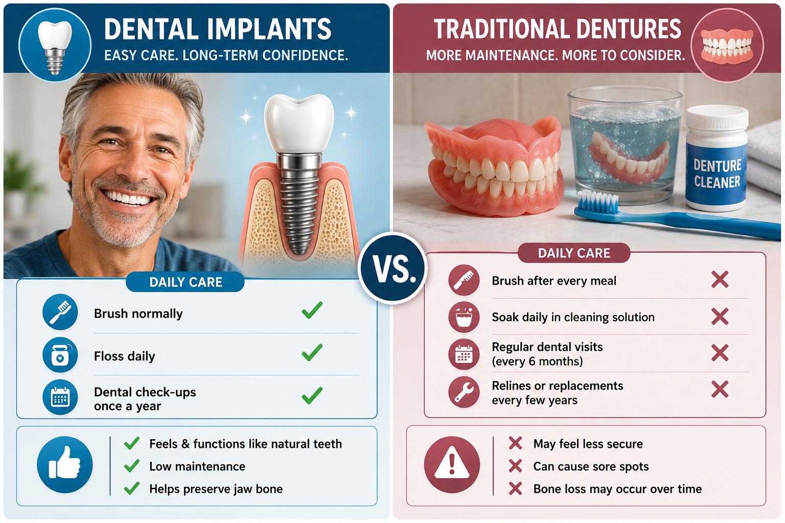 A comparative visual of dental implant vs. denture maintenance, showing two separate sections. One section depicts a