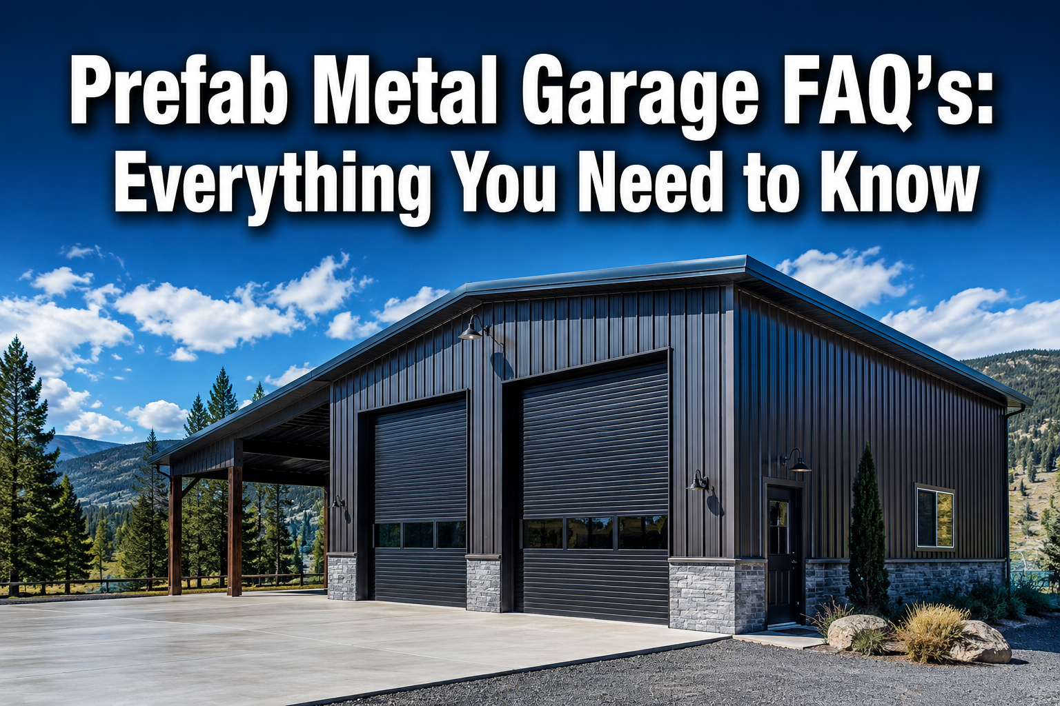 Professional () hero image with : 'Prefab Metal Garage FAQ's: Everything You Need to Know' in extra large white with dark