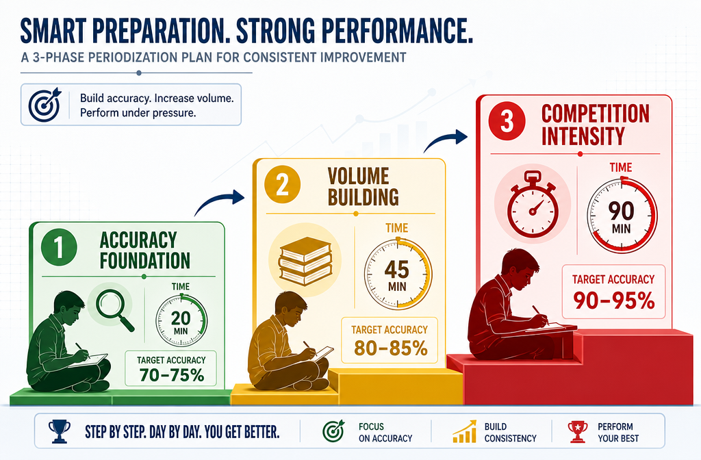 () infographic showing three distinct training phases as ascending steps: Phase 1 'Accuracy Foundation' with magnifying