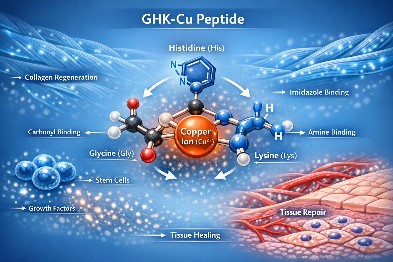 Detailed scientific illustration showing GHK-Cu peptide molecular structure with copper ion at center, surrounded by three amino acids (glyc