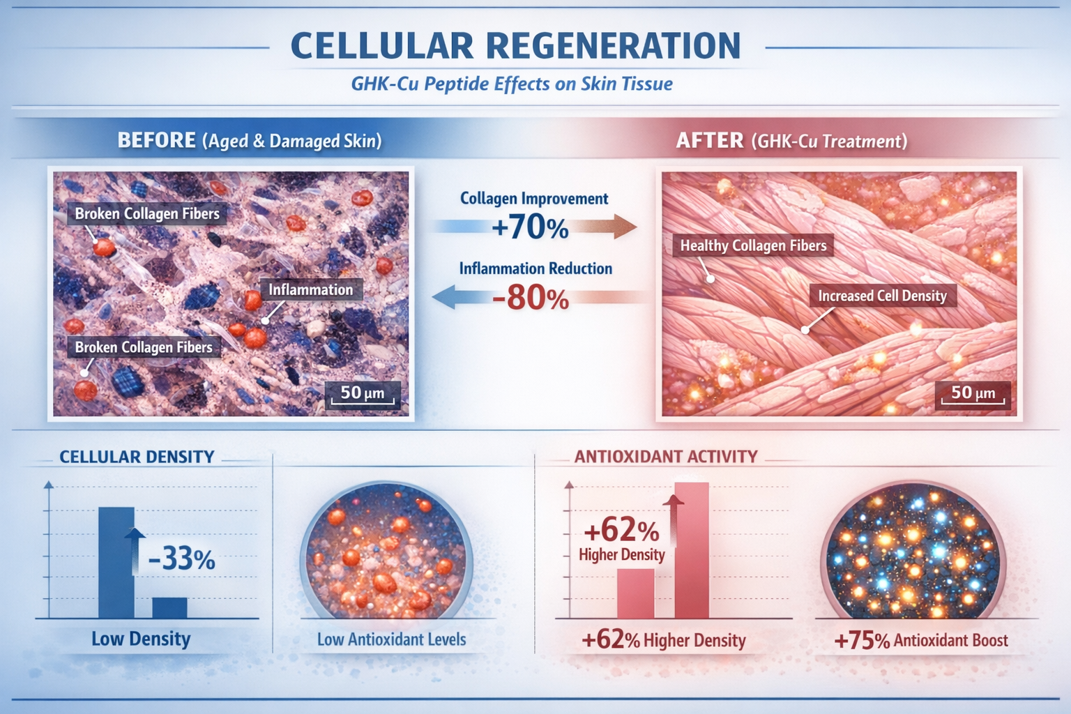 Professional comparison infographic displaying before-and-after cellular regeneration imagery showing skin tissue at microscopic level. Left