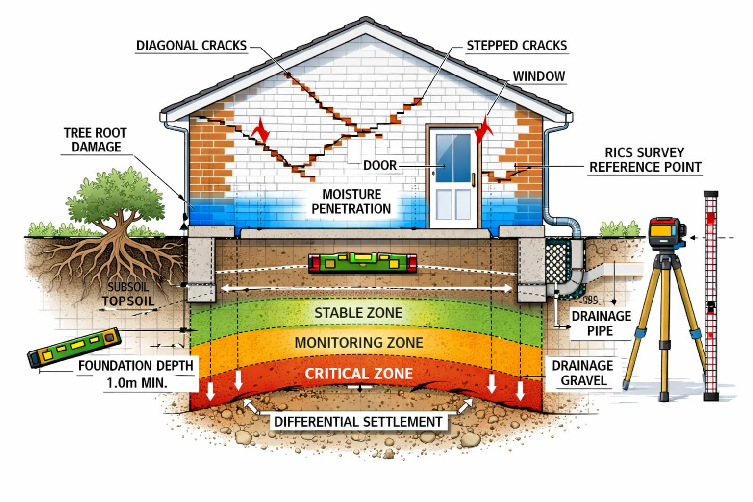 () detailed technical illustration showing cross-sectional view of bungalow foundation and wall structure with visible