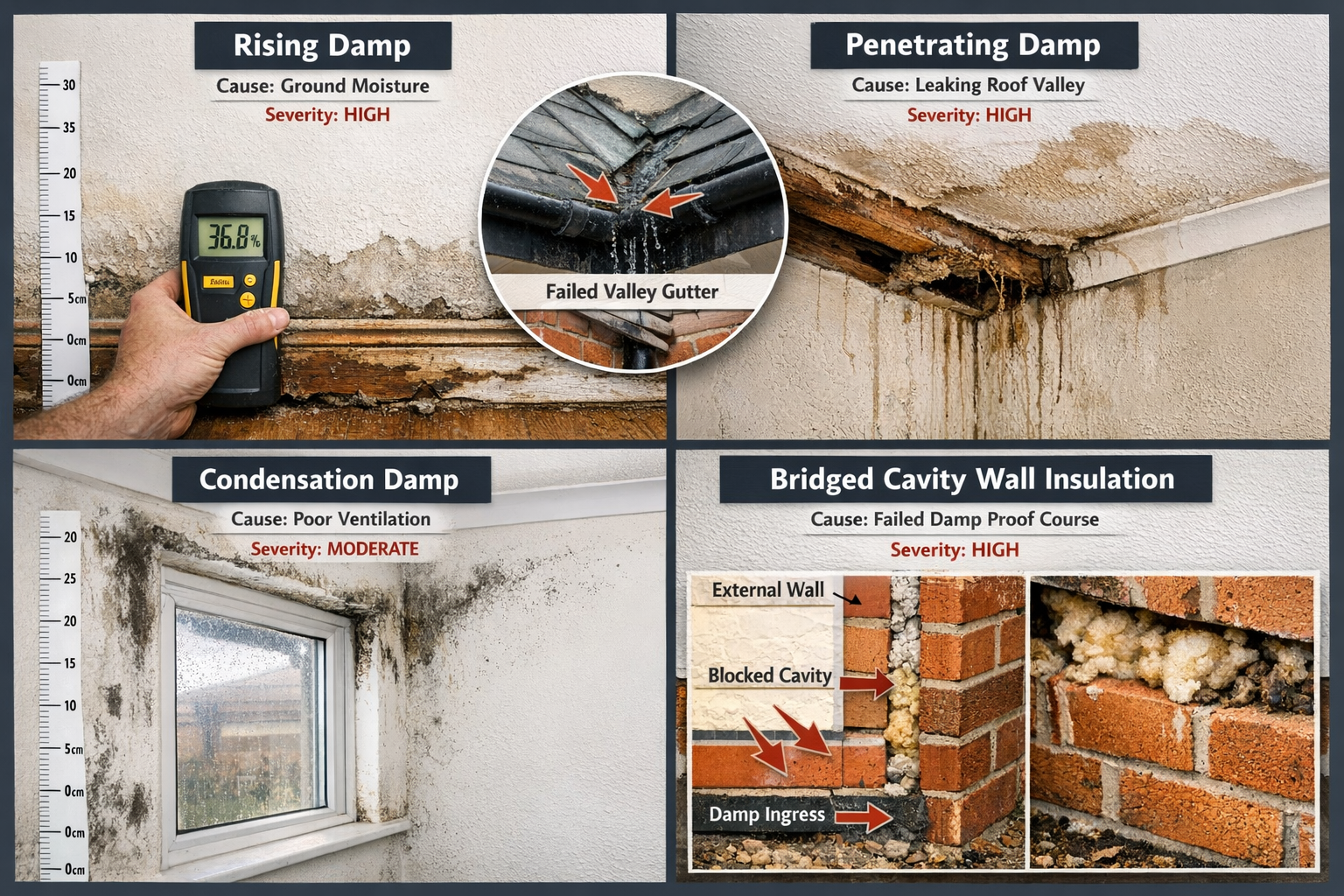 () composite image showing four quadrant view of common damp problems in bungalows. Top left quadrant: rising damp with tide