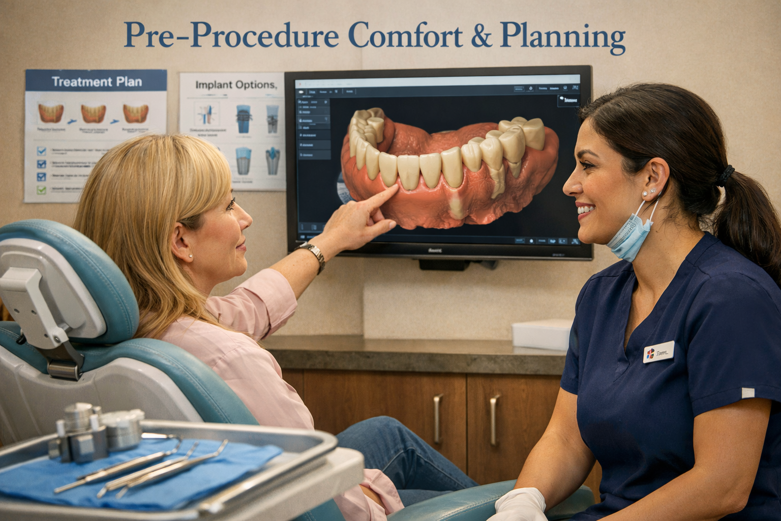 A detailed () image illustrating the 'Pre-Procedure Comfort & Planning' section. The image depicts a patient and a Dallas