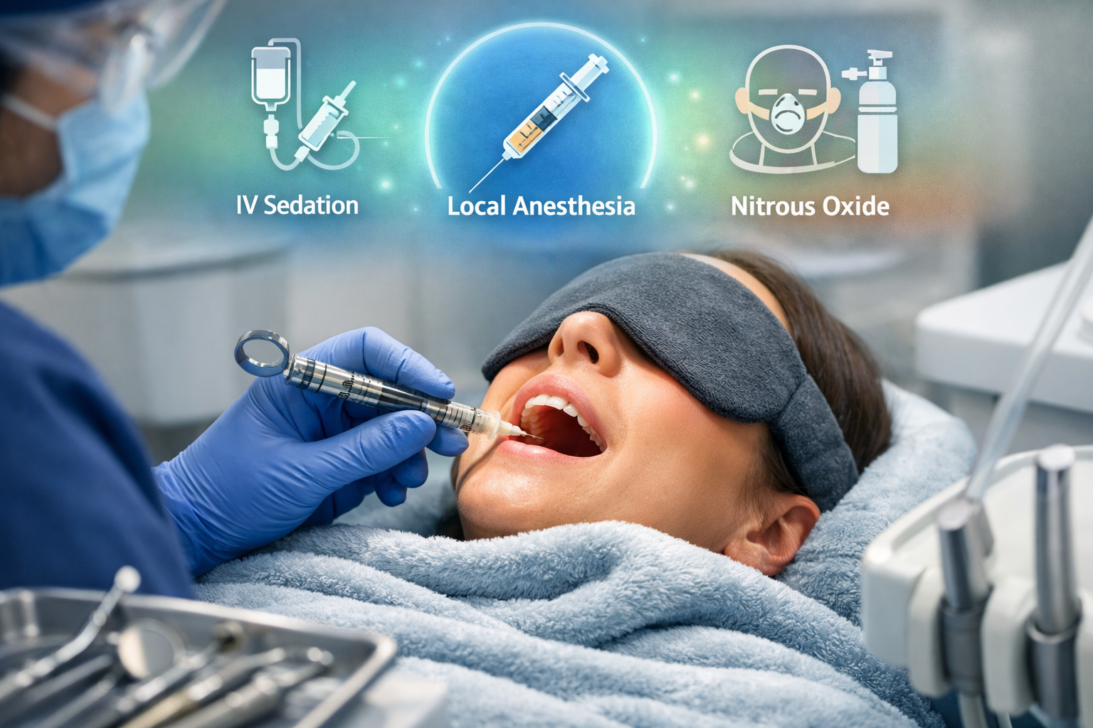 A detailed () image for the 'During the Dental Implant Procedure' section, focusing on modern pain management. The central