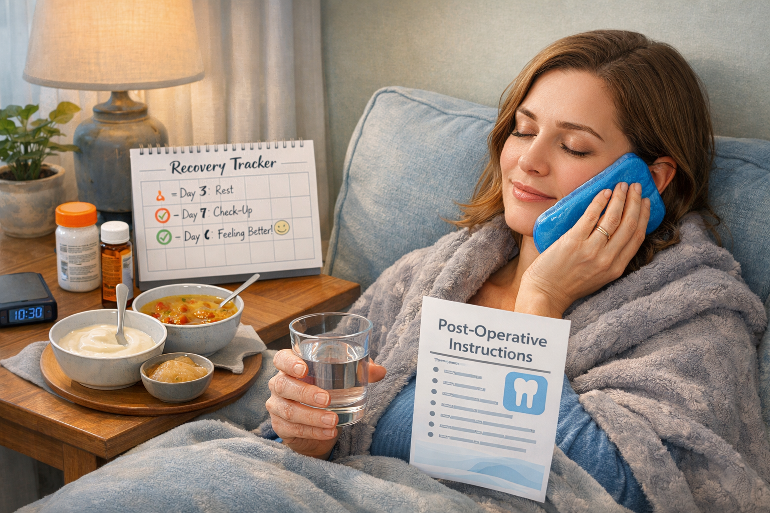A detailed () image illustrating 'Post-Procedure Pain Management & Recovery'. The scene features a person comfortably