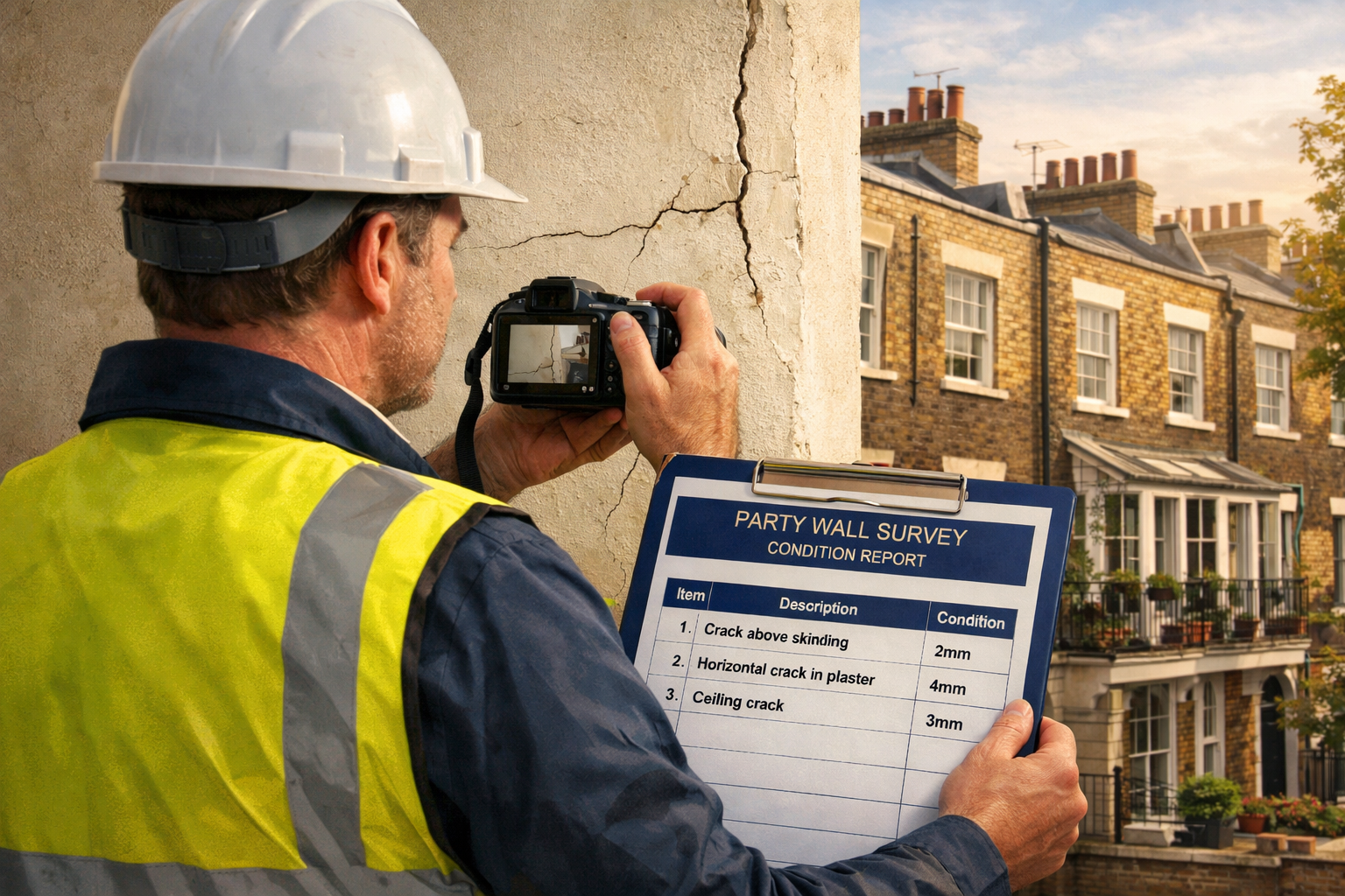 Detailed () illustration showing a professional party wall surveyor in a hard hat and hi-vis vest conducting a