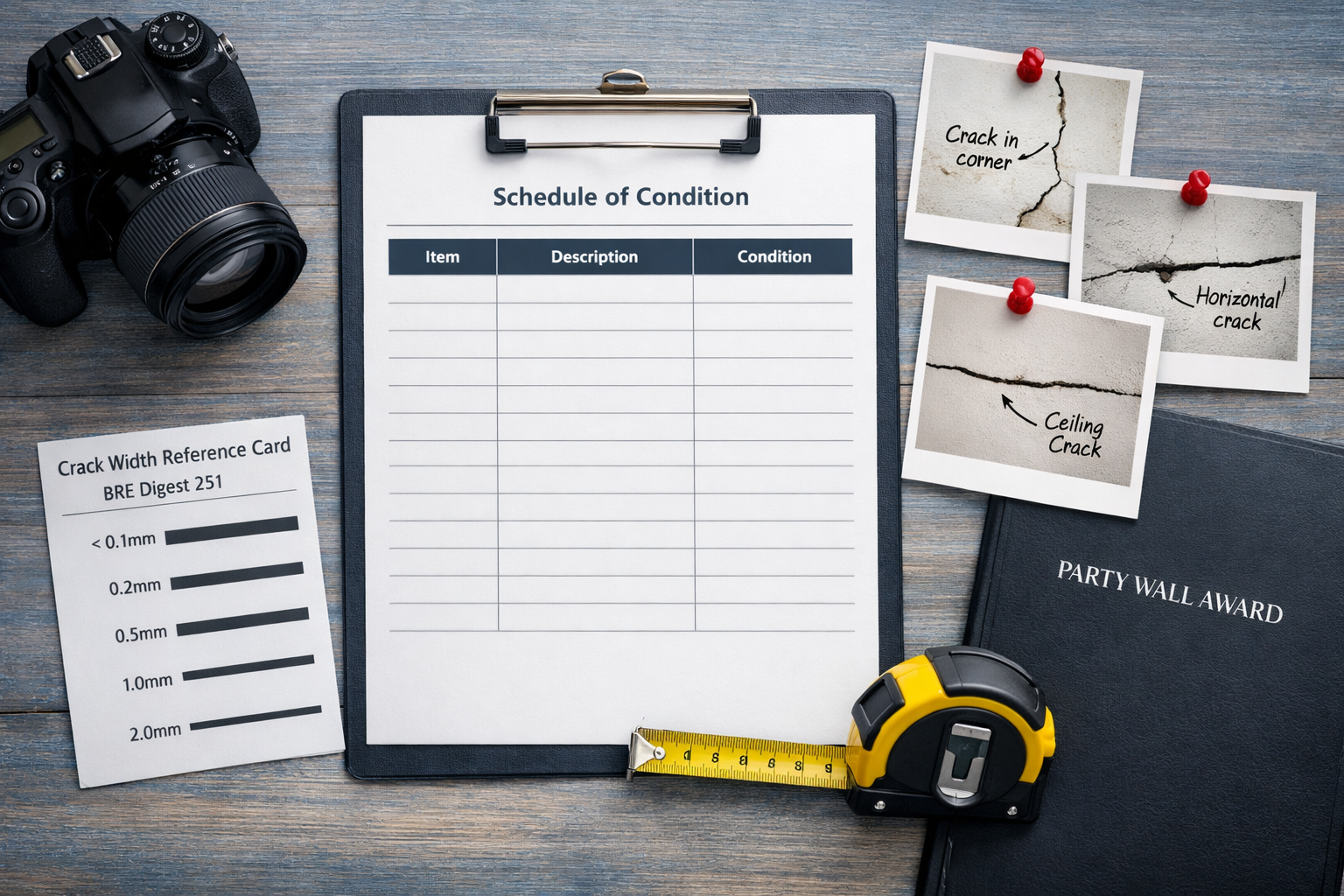 () close-up overhead flat-lay composition on a wooden desk showing a professional Schedule of Condition document with three