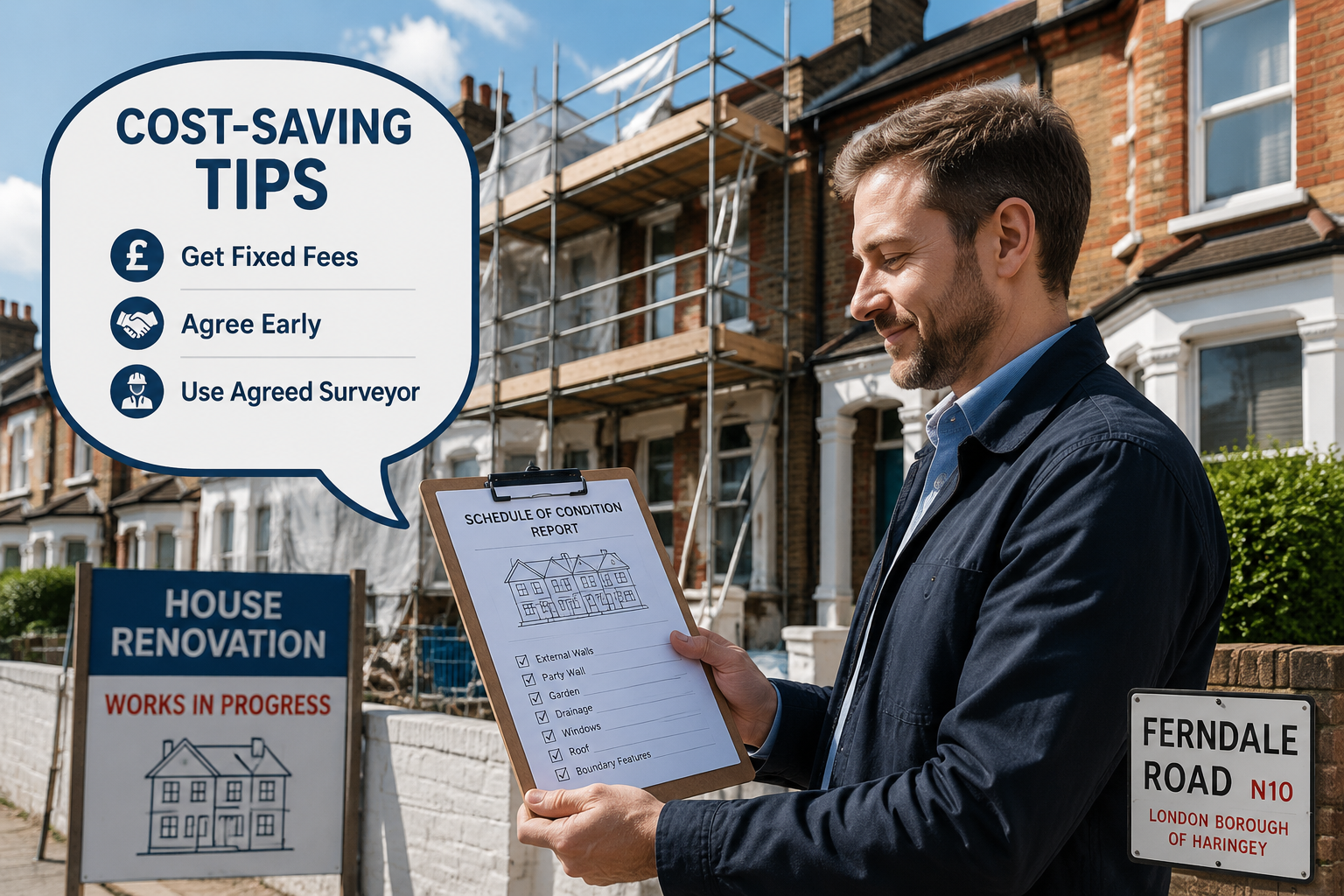 () showing a building owner standing confidently outside a London terraced house renovation site, reviewing a clipboard