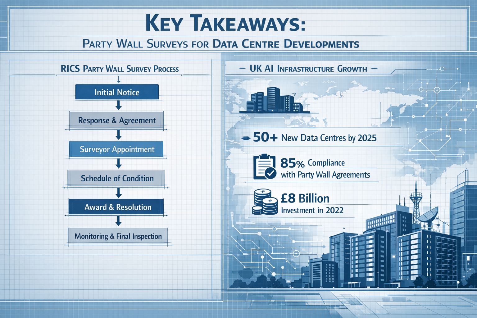 Key Takeaways infographic visualizing Party Wall Surveys for Data Centre Developments, featuring a split-screen landscape