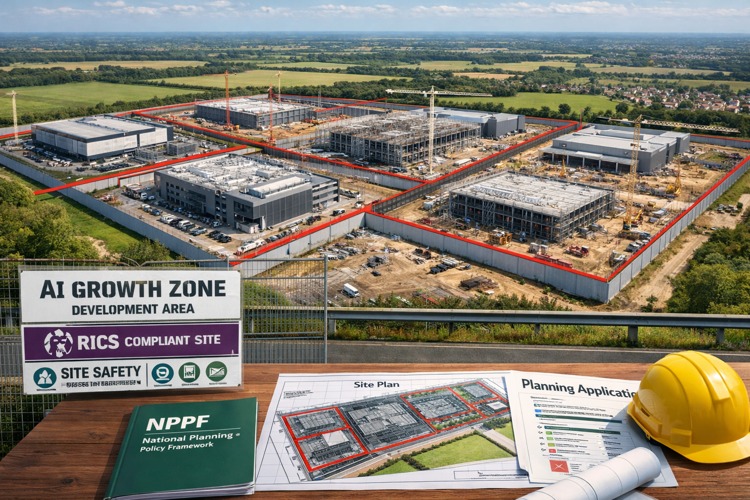 Wide-angle () image depicting AI Growth Zone development area outside London showing multiple data centre facilities in