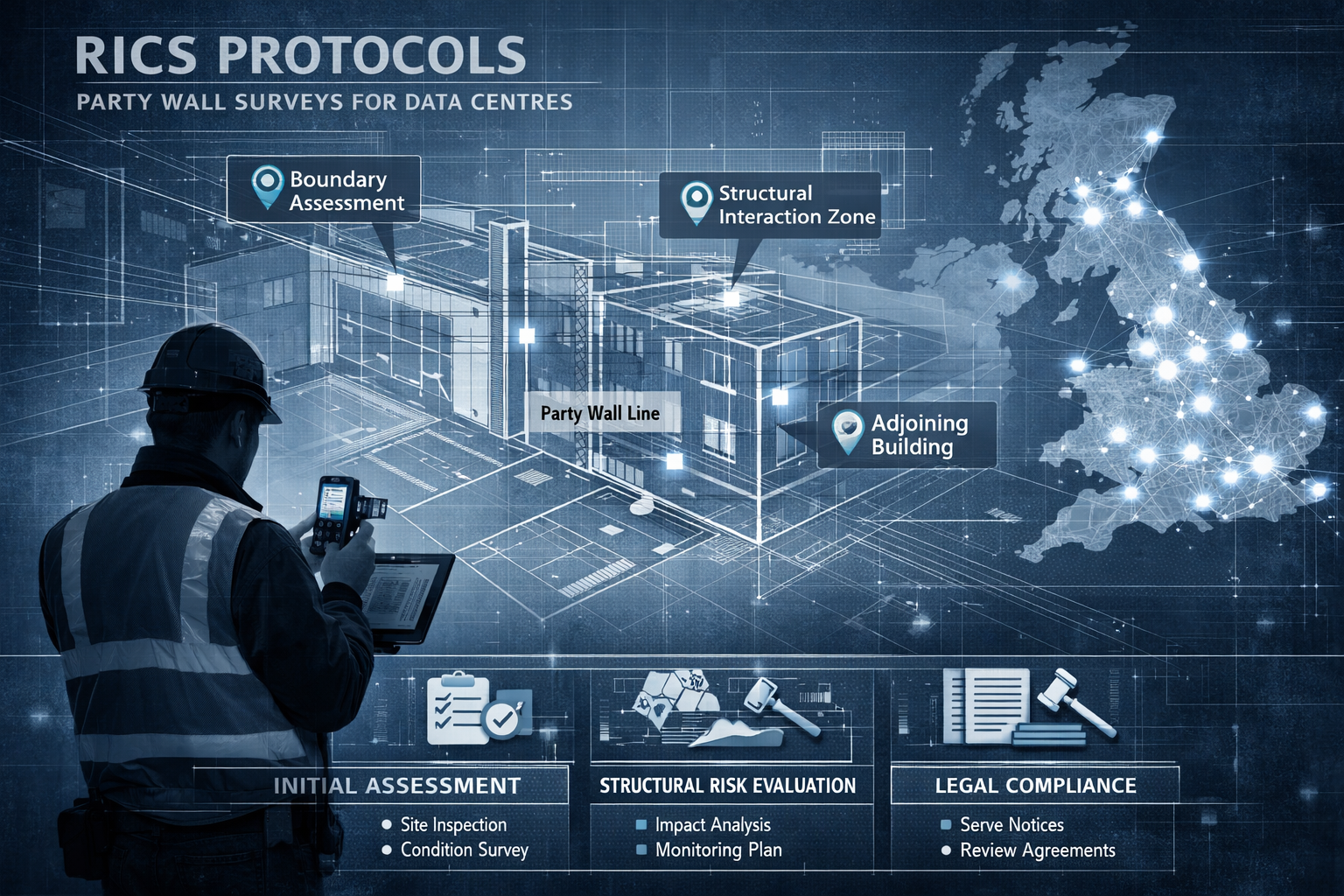 RICS Protocols visualization depicting a complex technical workflow for Party Wall Surveys in data centre developments.