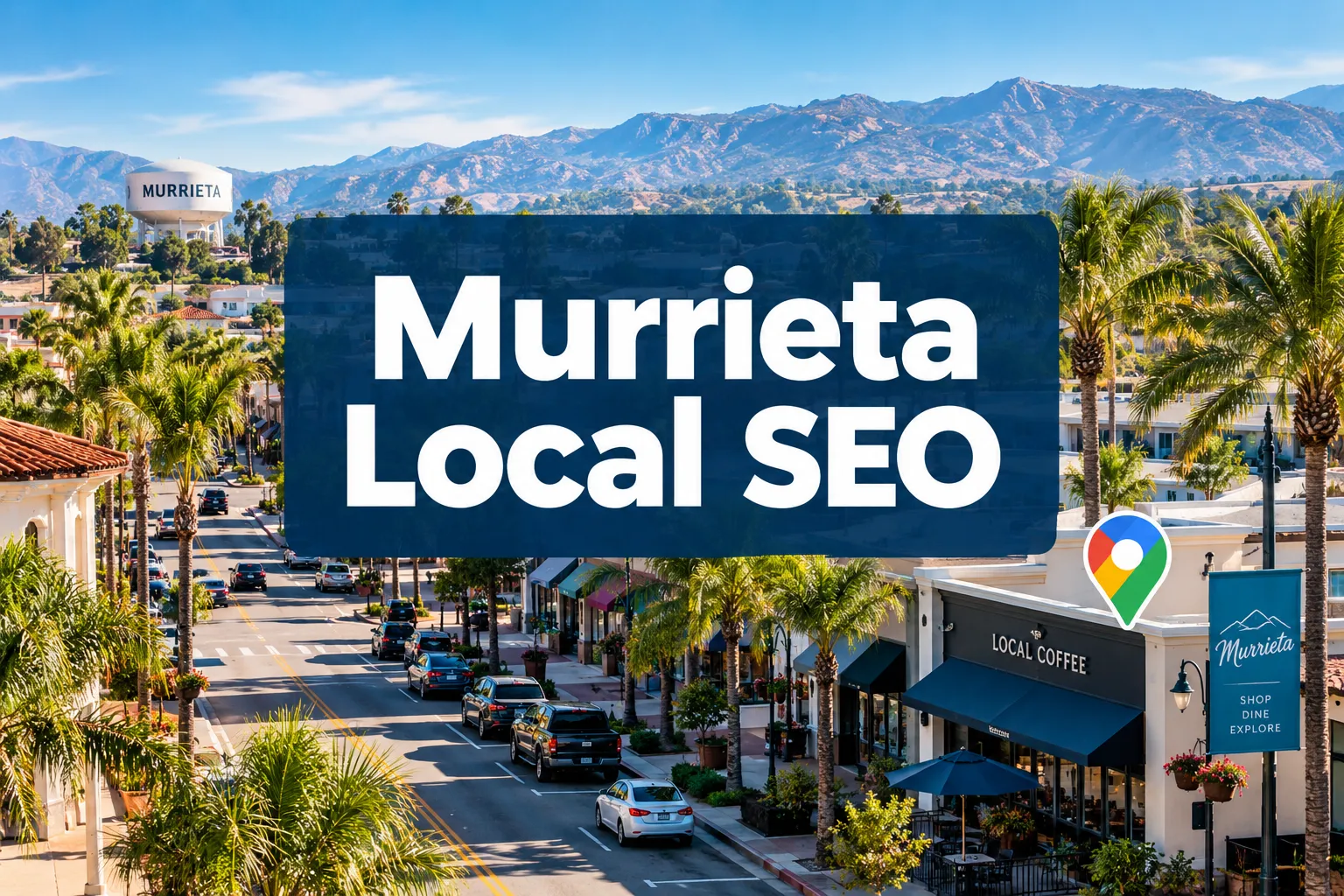 Professional () hero image with 'Murrieta Local SEO' in crisp white on a deep navy semi-transparent panel, centered with 8%
