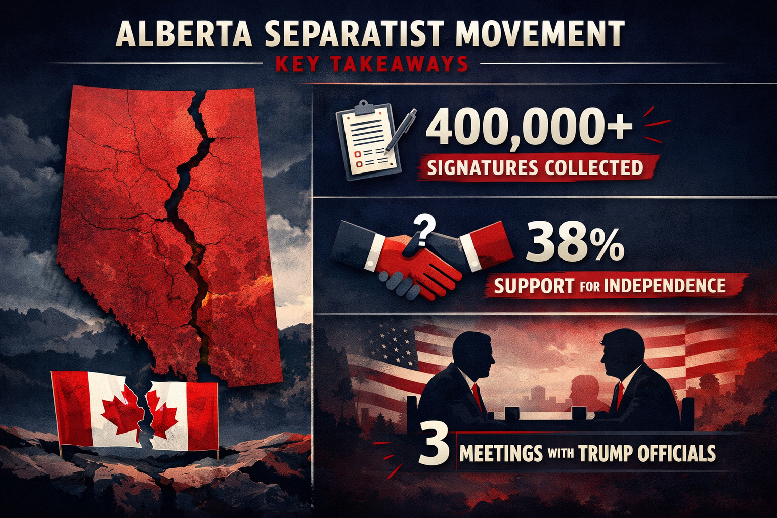 Key Takeaways infographic visualizing Alberta separatist movement data, featuring a split-screen landscape layout (1536x1024). Left side sho