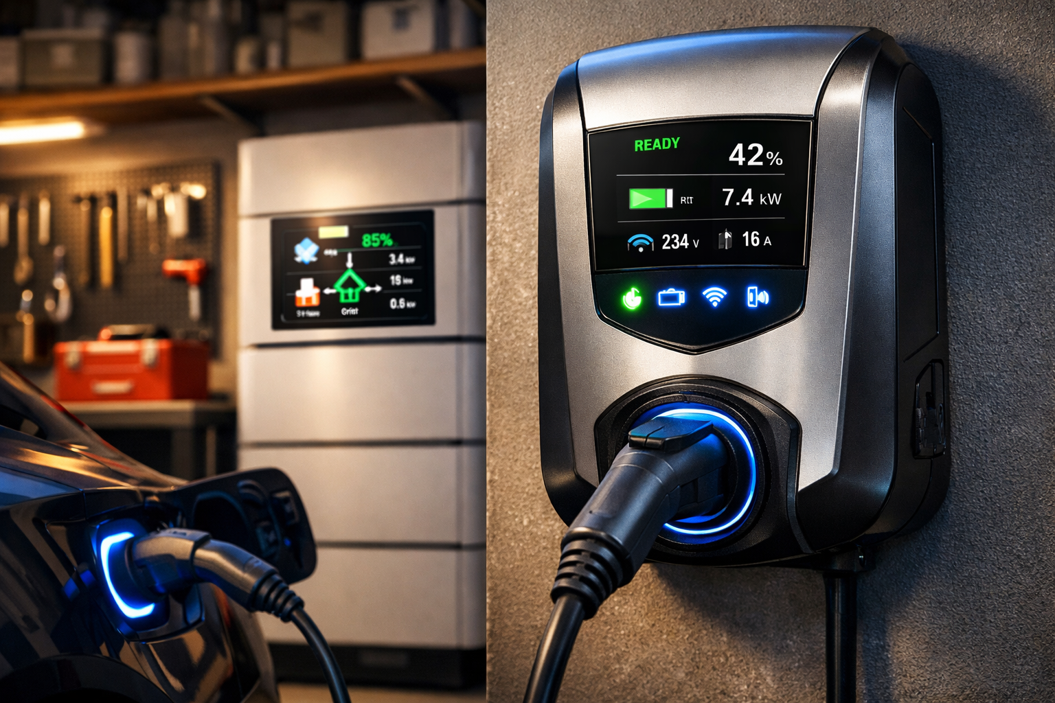 Detailed () image showing close-up of modern residential EV charging station mounted on garage wall with glowing LED