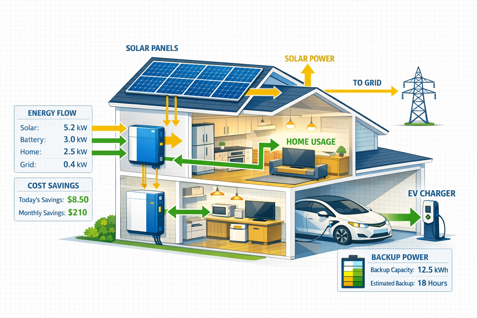 Detailed () image depicting modern home energy ecosystem cutaway view: residential house cross-section showing solar panels