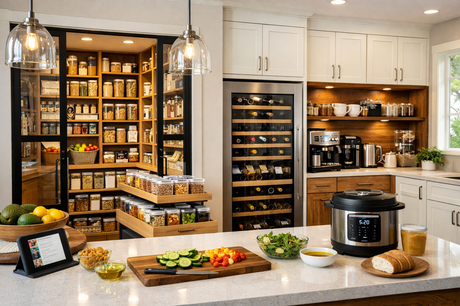 Detailed () image showcasing contemporary kitchen interior focused on grocery-optimized storage solutions: large walk-in