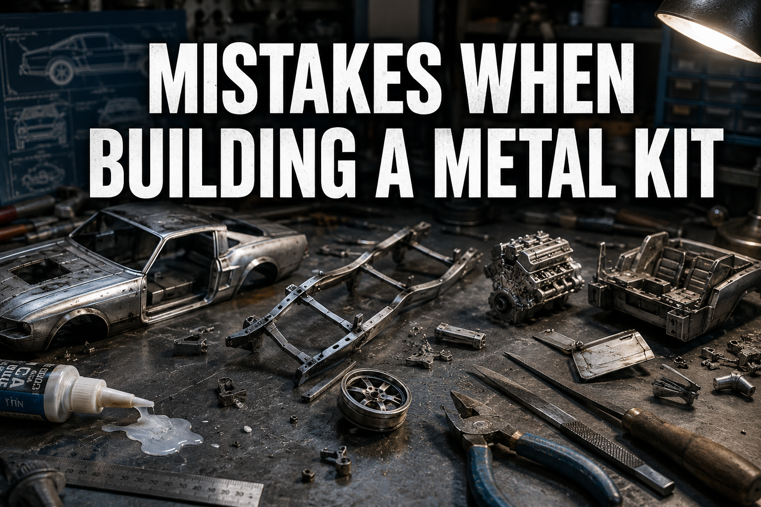 Professional () hero image with : 'Mistakes When Building a Metal Kit' in extra large white with dark drop , centered in