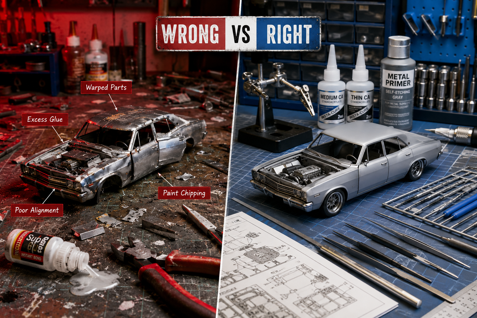 Detailed () editorial illustration showing a side-by-side comparison workspace scene: on the left, a chaotic metal model kit