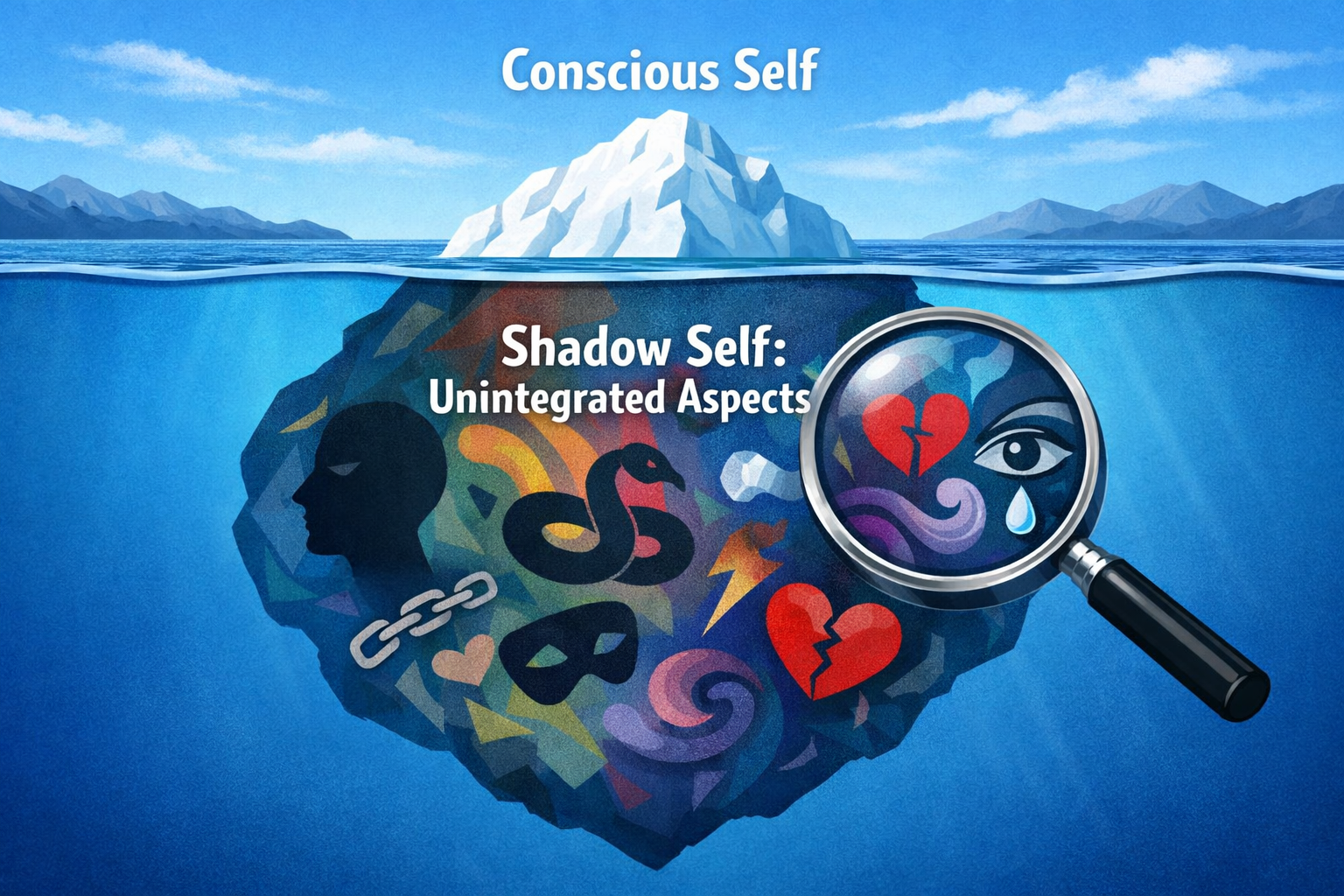 Shadow Work for Beginners: How to Integrate Your Dark Side 2 Do not write in Hindi on the images. Must write in English only. Don't use Hindi. Landscape format (1536x1024) illustration showing a metaph