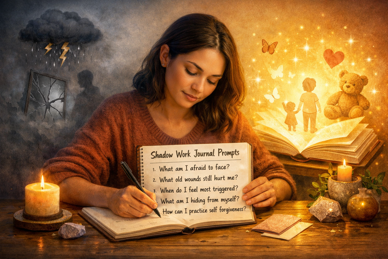 Shadow Work for Beginners: How to Integrate Your Dark Side 3 Do not write in Hindi on the images. Must write in English only. Don't use Hindi. Landscape format (1536x1024) image depicting a person jour