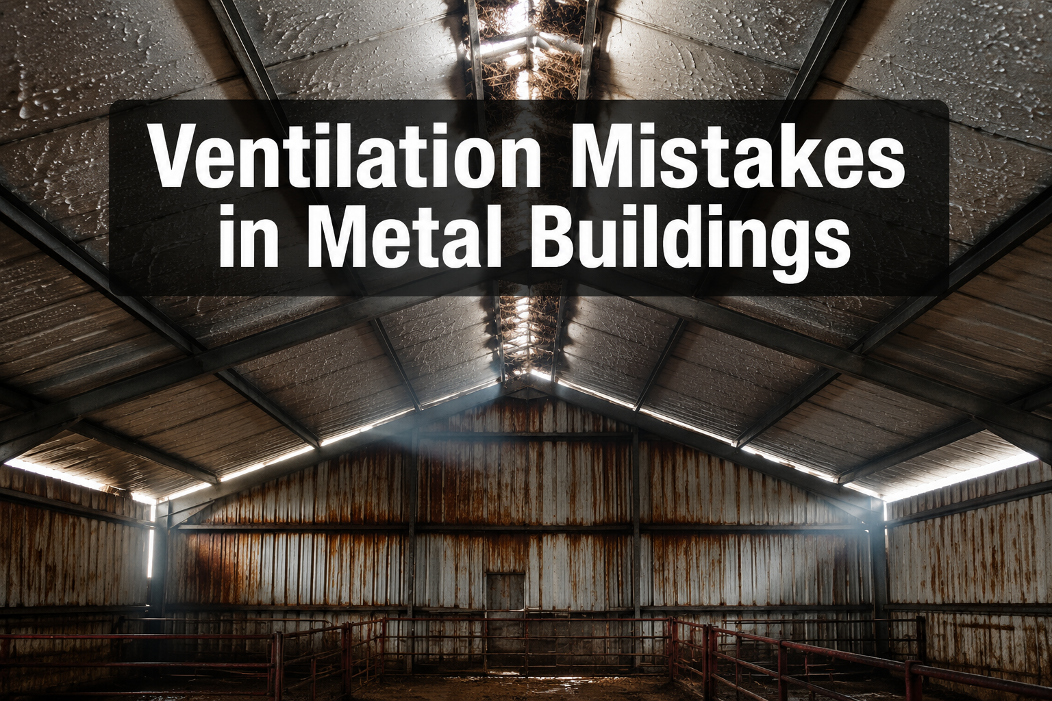Professional () hero image with : 'Ventilation Mistakes in Metal Buildings' in extra large white with dark semi-transparent