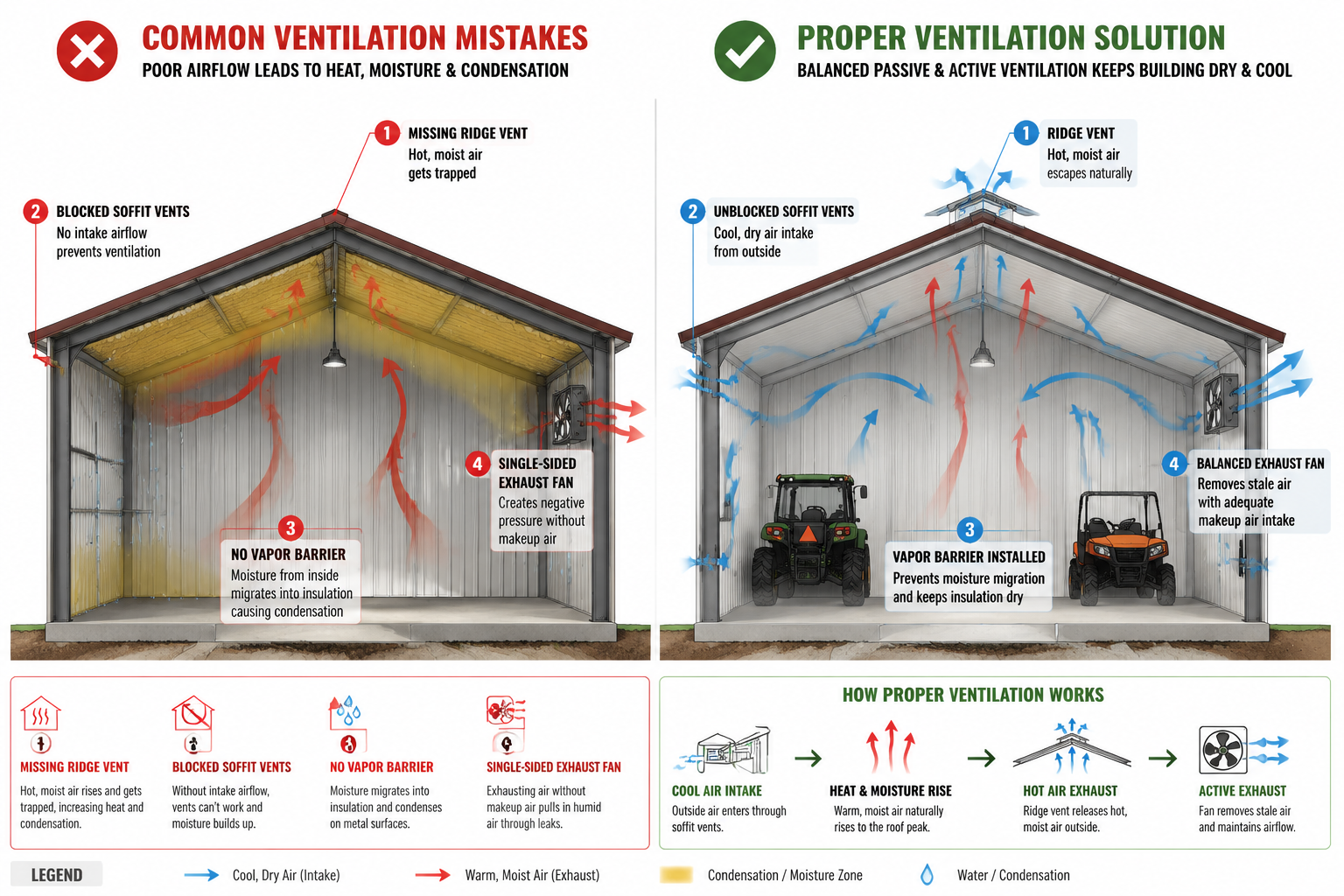 Detailed () split-panel infographic illustration showing left side: cross-section diagram of a metal building with labeled